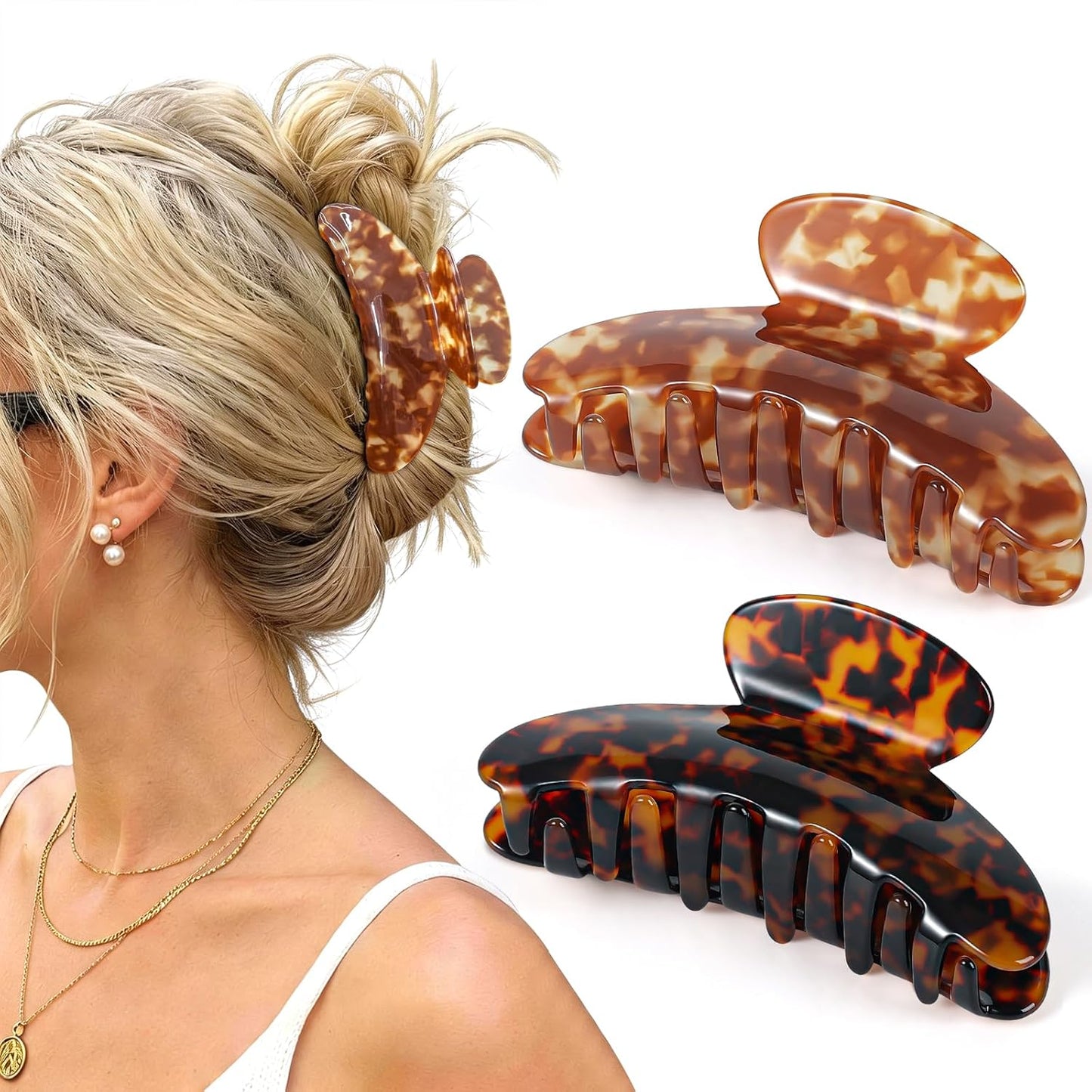 Large Acetate Hair Claw Clips - 2 Pack Tortoise Shell & Leopard Print | 4 Inch Non-Slip Strong Hold for Women & Girls