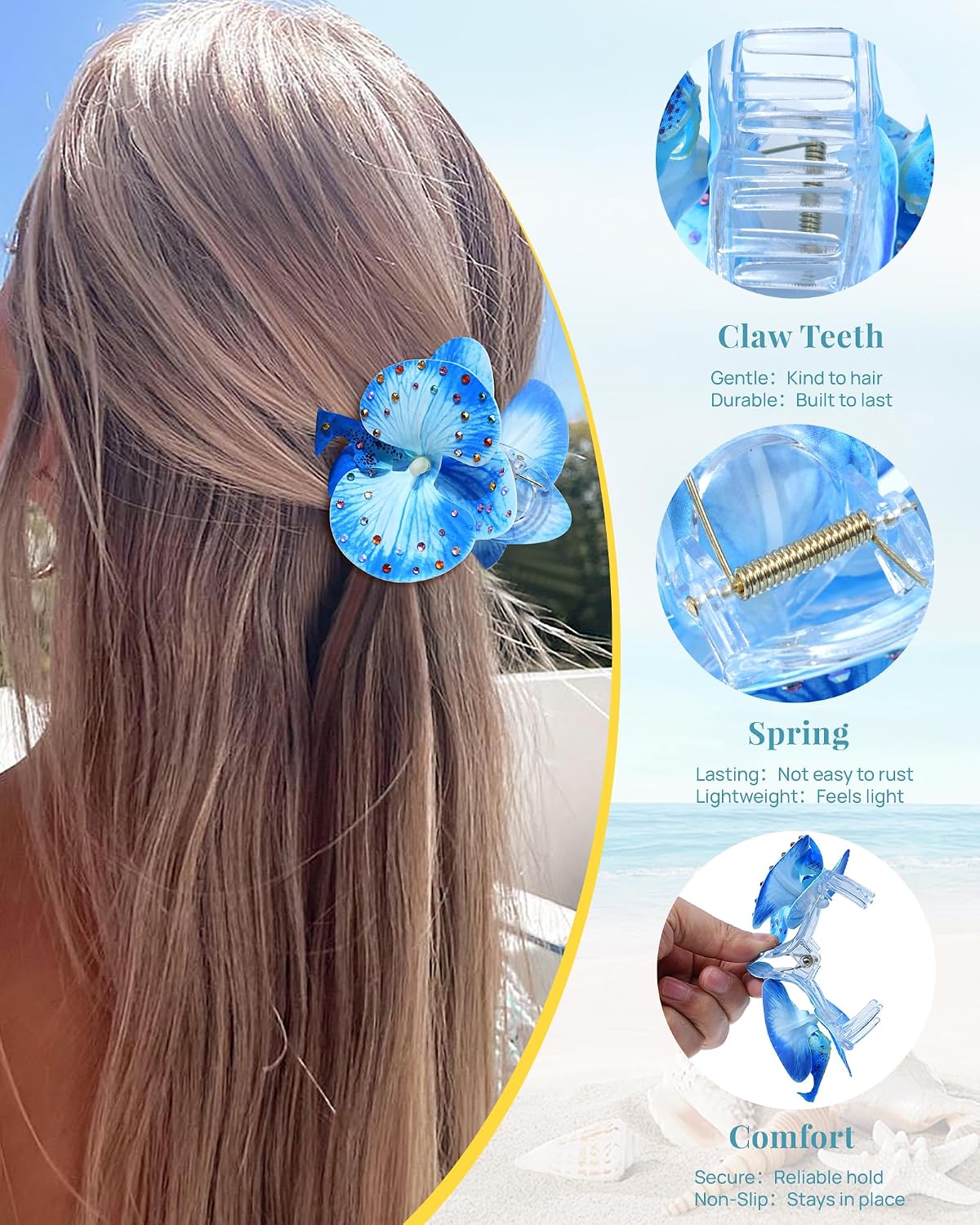 Hawaiian Flower Hair Claw Clips - 4 Pack Artificial Tropical Orchid | Wedding & Beach Party Accessories (Blue, Green, Pink, Yellow)