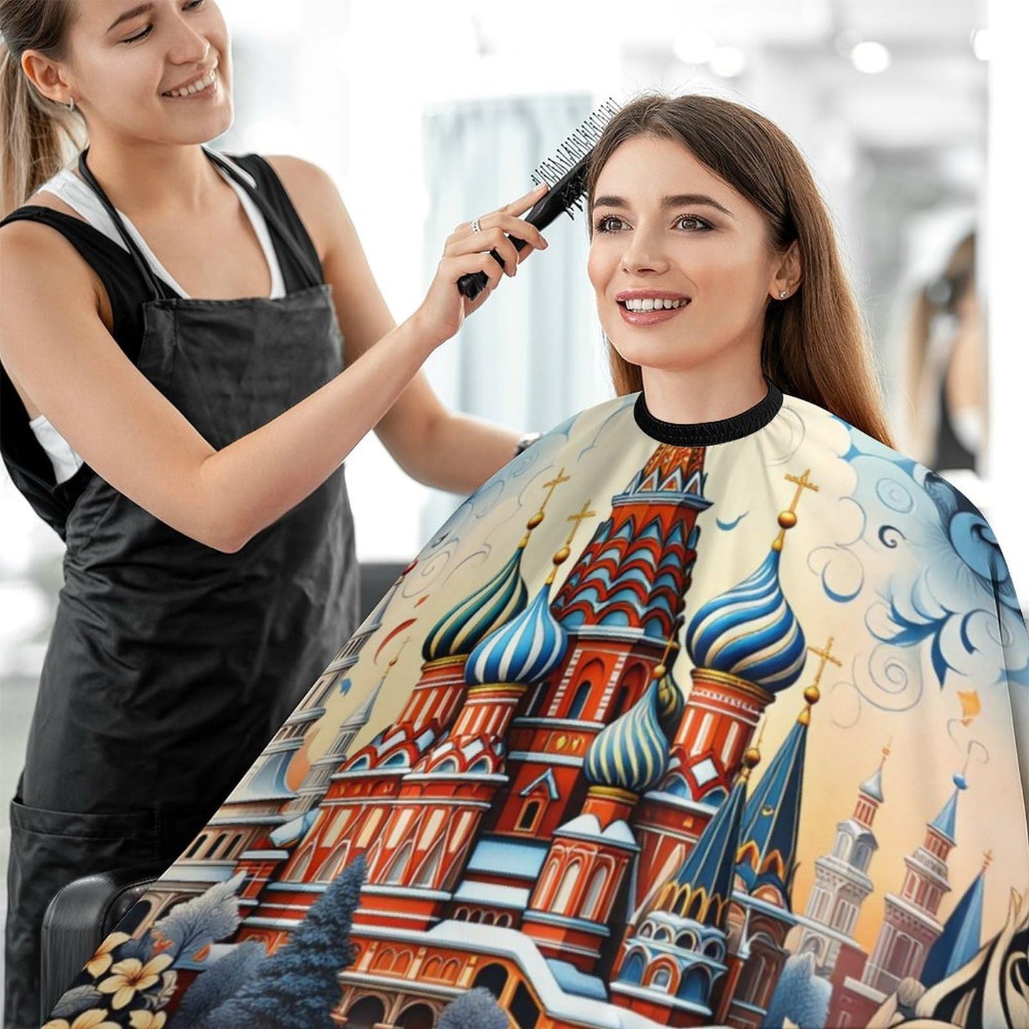 PGDFHGF Russian Cathedral Floral Frame Adult Barber Apron for Men Women, Soft Durable Hairdressing Cape with Adjustable Snap Closure for Home Use Barbershops Salons