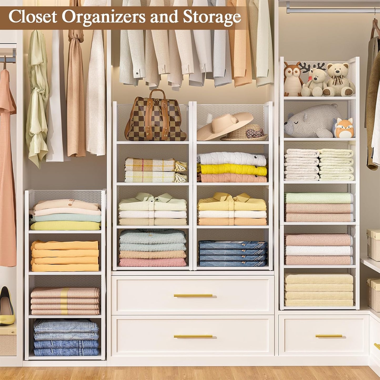4-Tier Stackable Closet Organizer - Multifunctional Wire Storage Bins for Wardrobe, Kitchen & Laundry | White