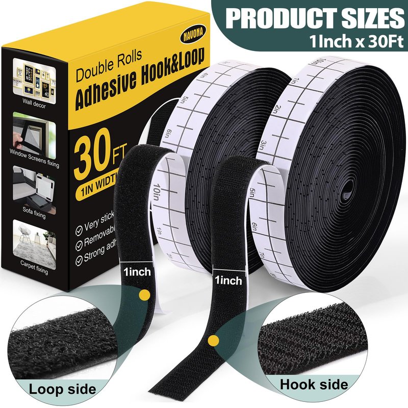 Navona 30Ft x 1 Inch Hook and Loop Strips with Adhesive, Double Rolls of Heavy Duty Self Adhesive Tape with Backing, Nylon Self Adhesive Tape for Home Office School and Crafting,Black
