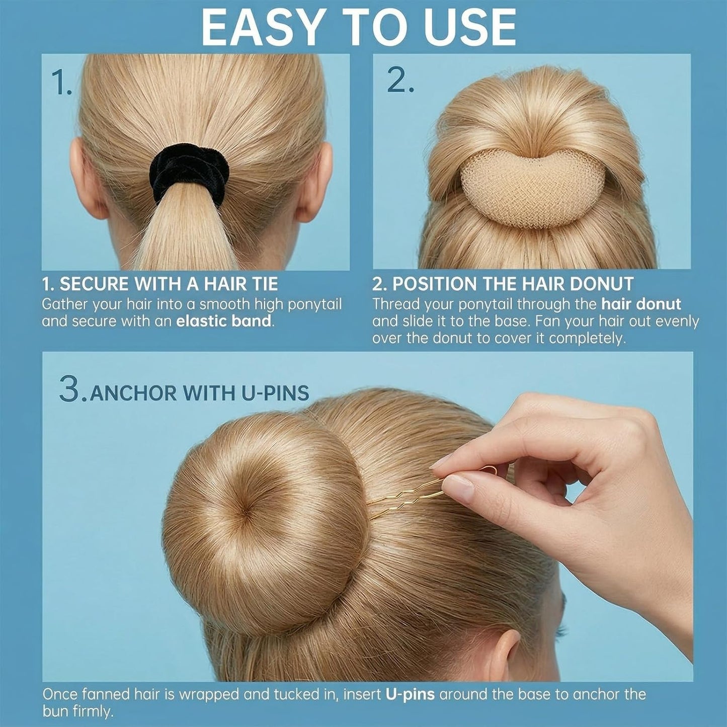 Hair Donut Bun Maker Set - 6 Pcs, Small & Medium Bun Shaper Rings for Women | Includes 5 Hair Ties & 20 U Pins - Beige
