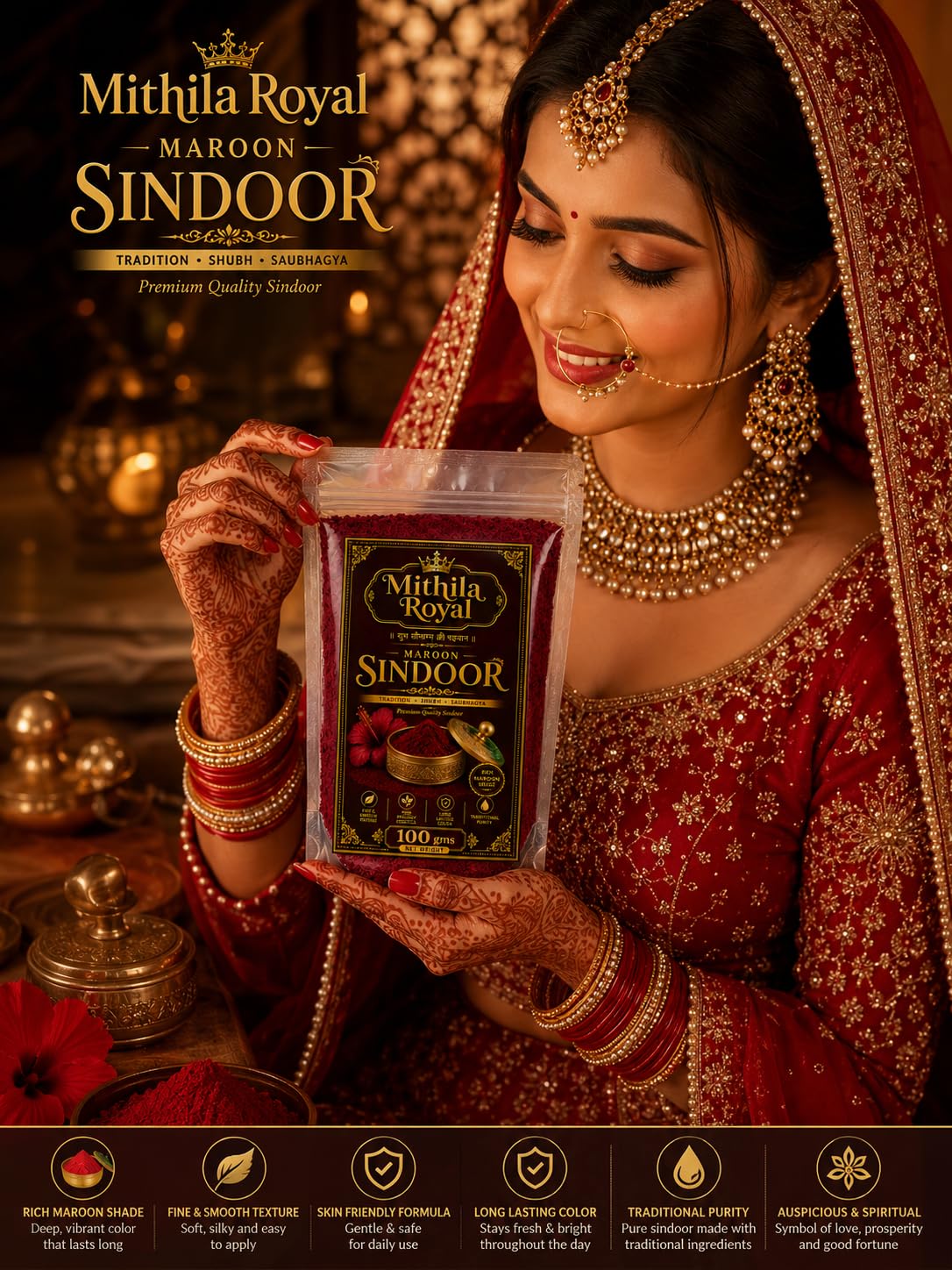 Mithila Royal Maroon Sindoor Powder Compact, Organic Sindoor For Women With Herbal Sindoor Blend, Kumkum Inspired Maroon Shade For Bridal Looks And Everyday Style