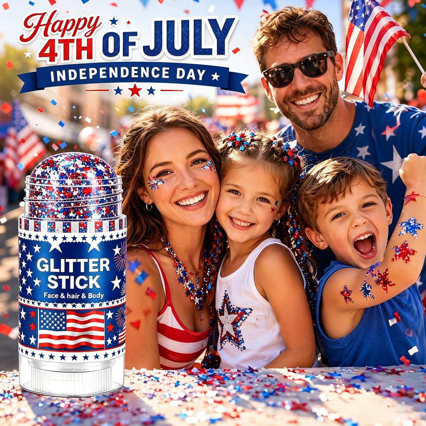 4th of July Glitter Stick for Hair, Face & Body, Red White Blue Glitter with Star Sequins, Patriotic Makeup for Women, America 250 Celebration Accessories, Independence Day Party Supplies