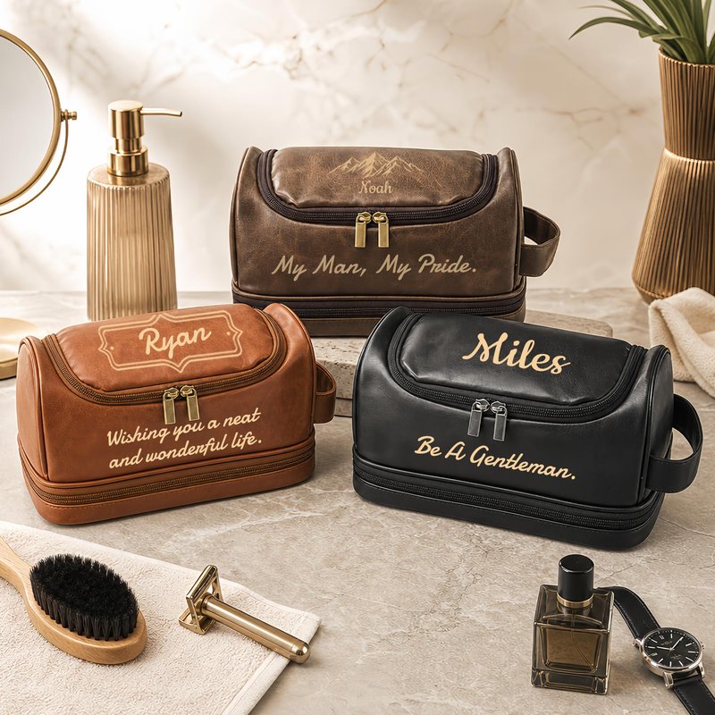 Personalized Toiletry Bag for Men, Custom Toiletry Bag Engraved with Name Text, Mens Leather Travel Shaving Dopp Kit, Personalized Fathers Day Birthday Gifts for Men Dad Husband Grandpa (Style 2)