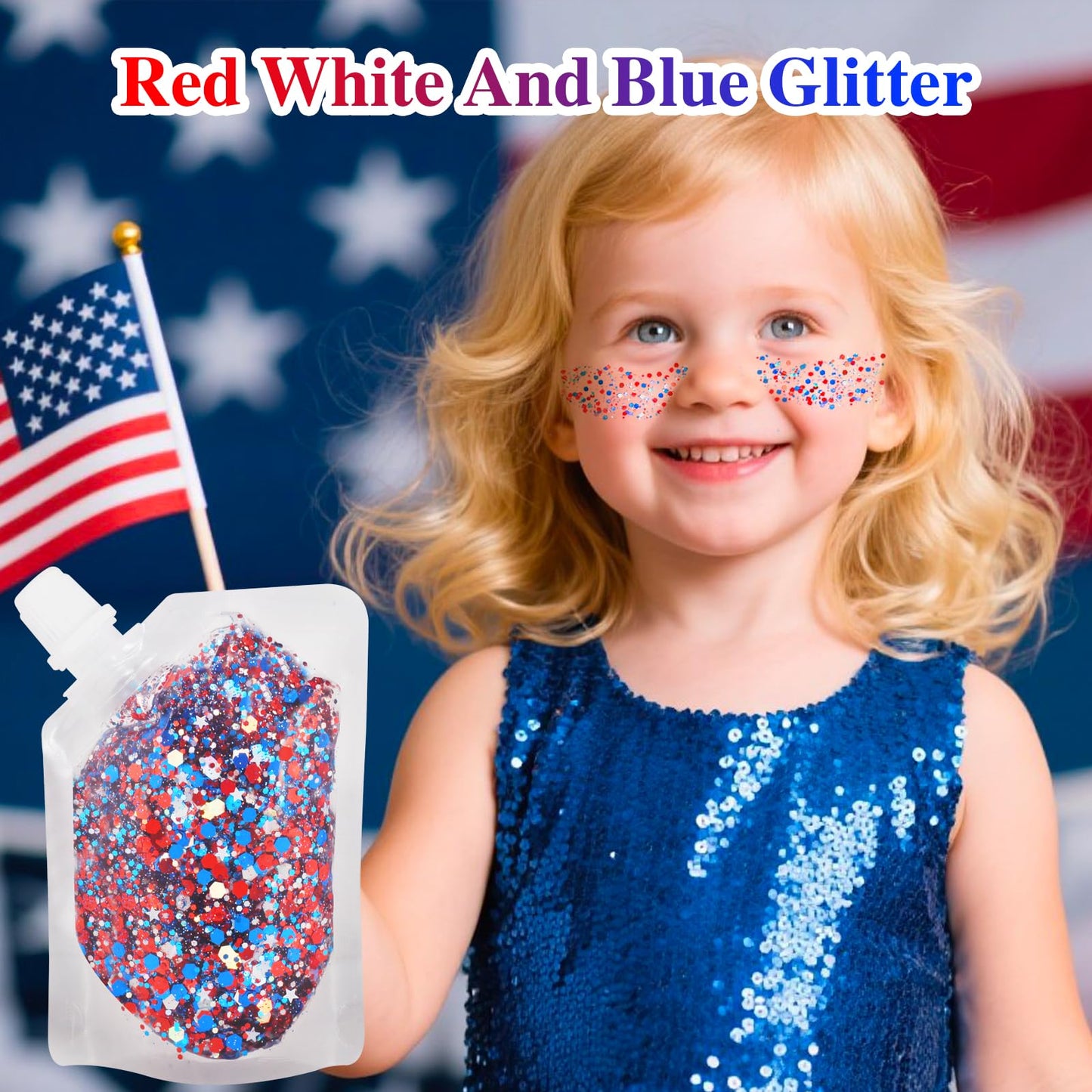 MEICOLY Red White and Blue Face Body Glitter Women Rave Accessories,4th of July Accessories Outfits for Women, Patriotic Pride Chunky Hair Glitter for Kids