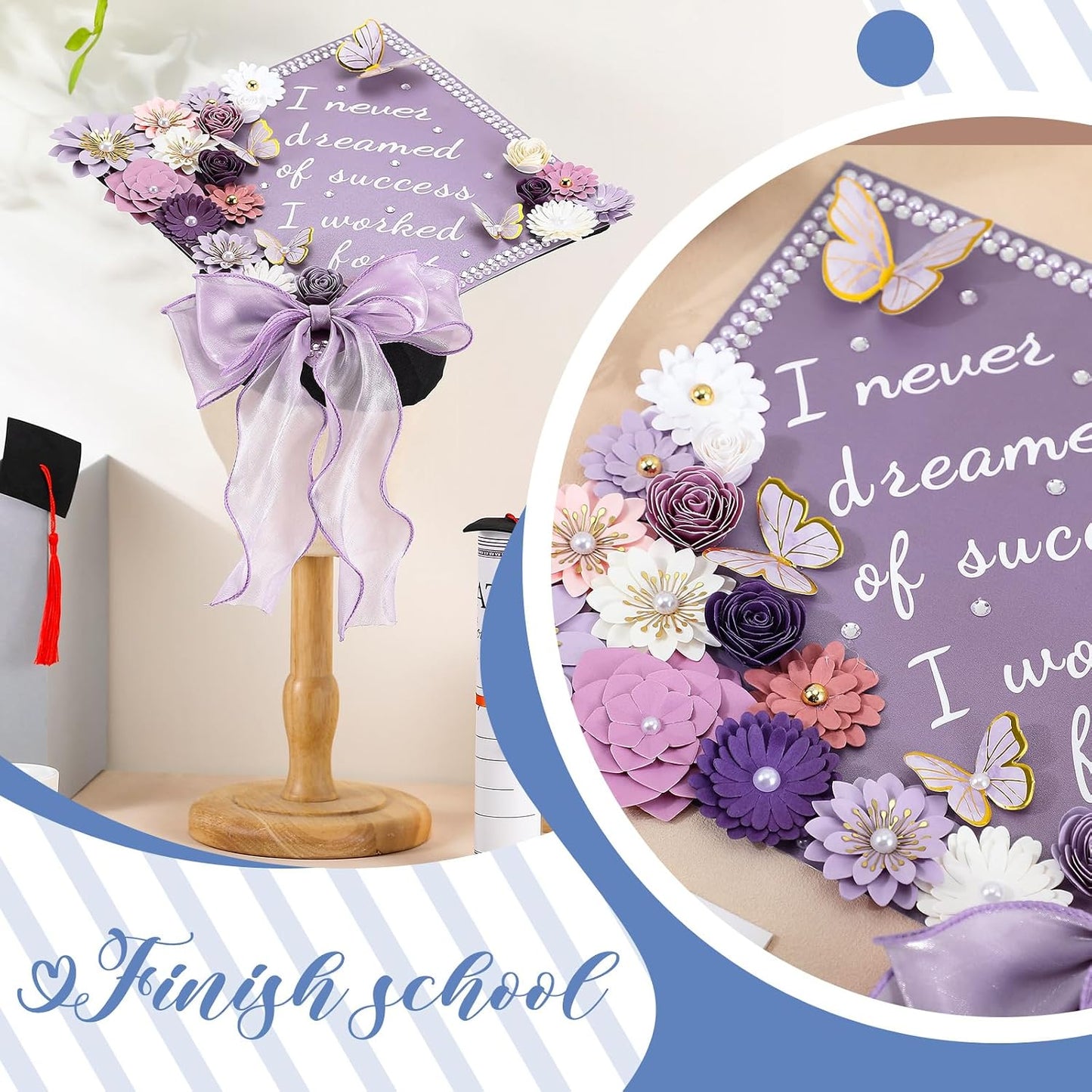 DIY Graduation Cap Decorations Kit - 46 Pcs with Paper Flowers, 3D Butterflies, Rhinestones & Ribbon Bow | Purple