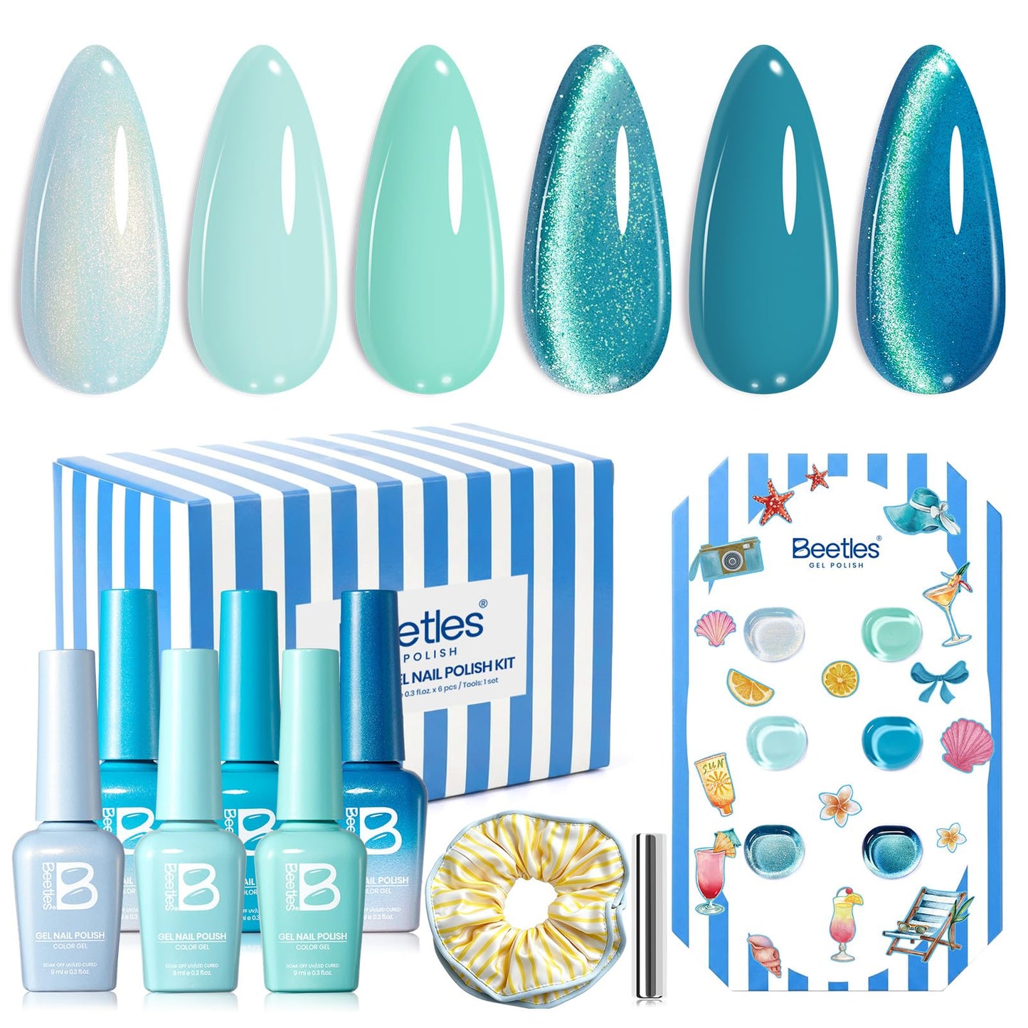 Beetles Blue Gel Nail Polish Set, Summer Voyage Shore Light Cat Eye Gel Polish 6 Colors Mint Green Lyons Nail Gel with Nail Art Stickers & Scrunchie, Soak Off Uv Manicure Kit Gift for Women