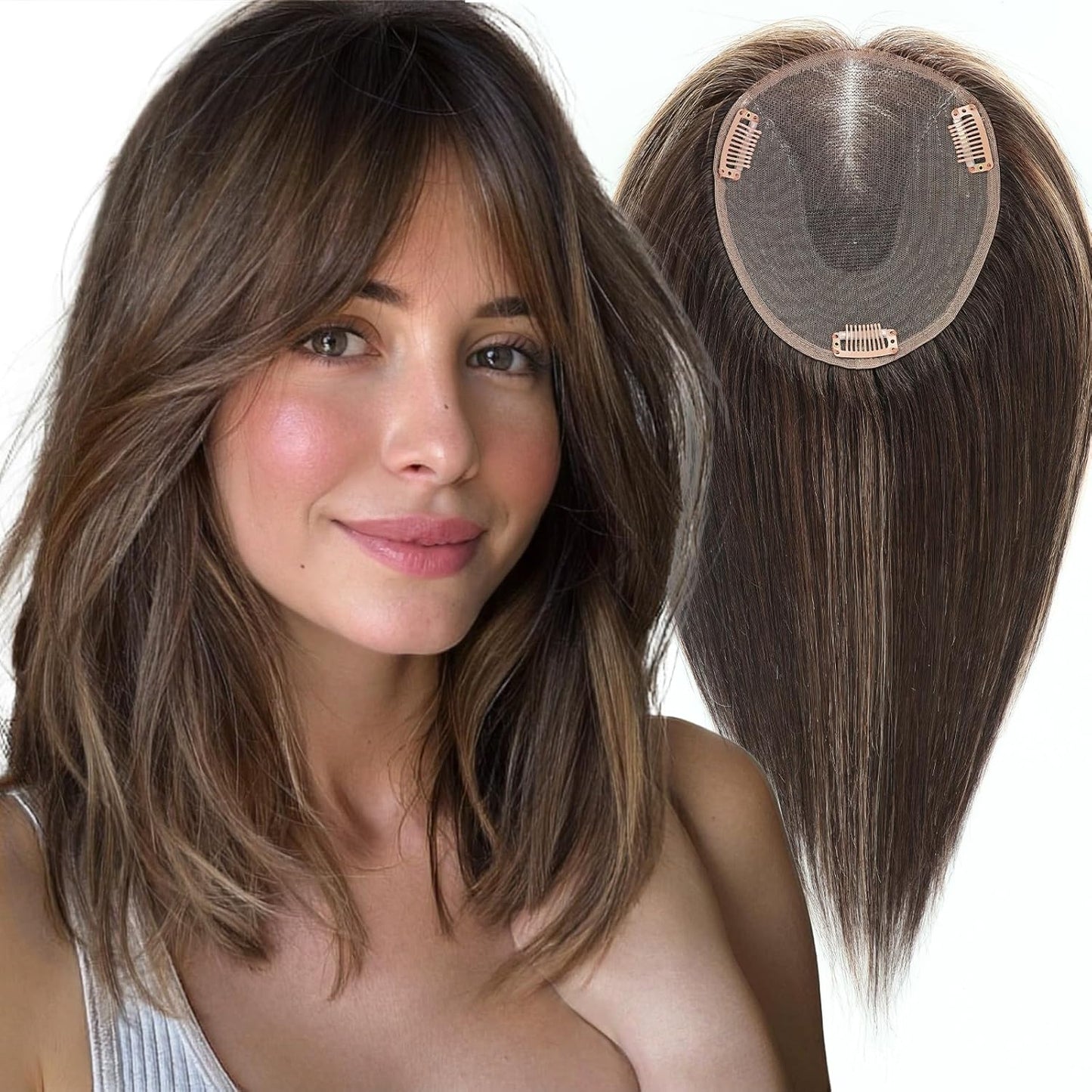 Real Human Hair Toppers for Women - 14 Inch Silk Base, Mixed Brown with Bangs | 60g