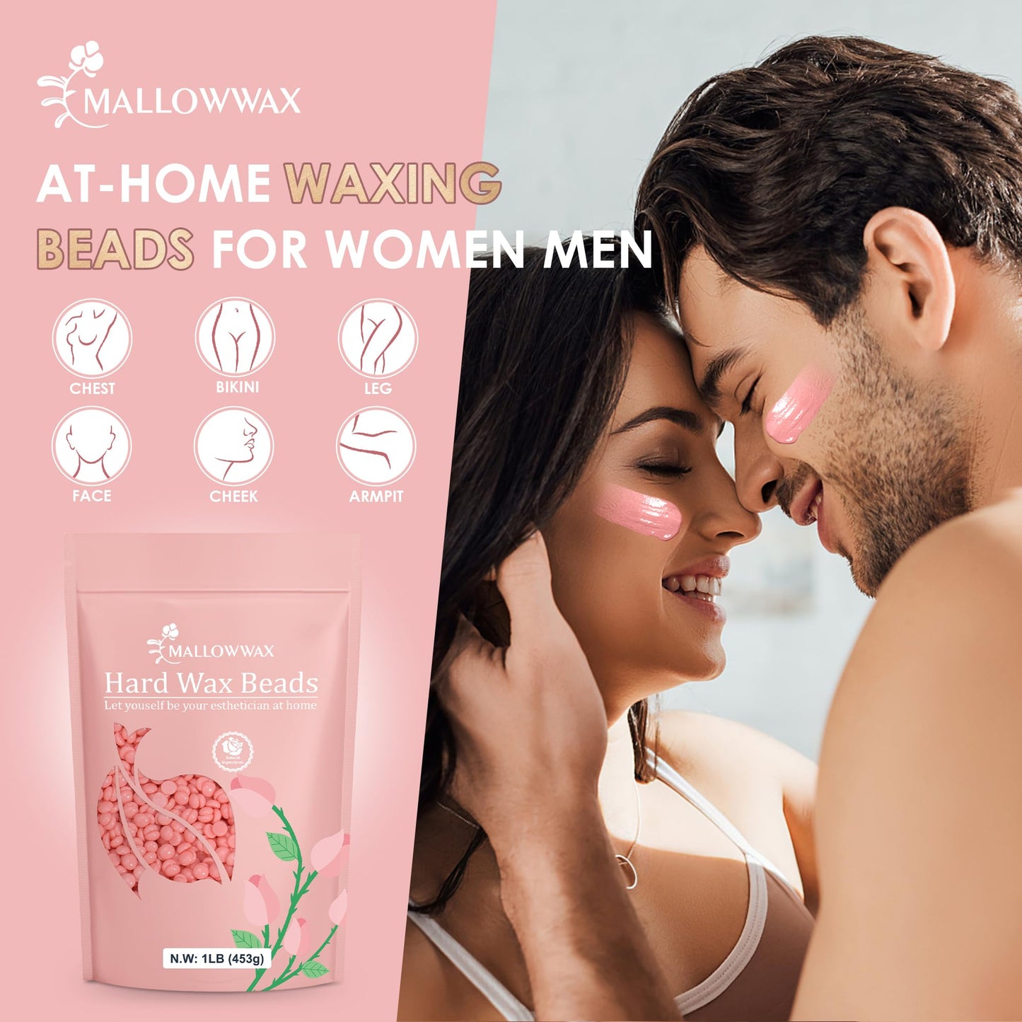 Mallowwax Hard Wax Beads, 1LB Pink Rose Wax Beans for Hair Removal, Waxing Beads Refill for Sensitive Skin, Perfect for Facial, Brazilian, Upper lip, Cheeks and Bikini Waxing at Home for Women Men