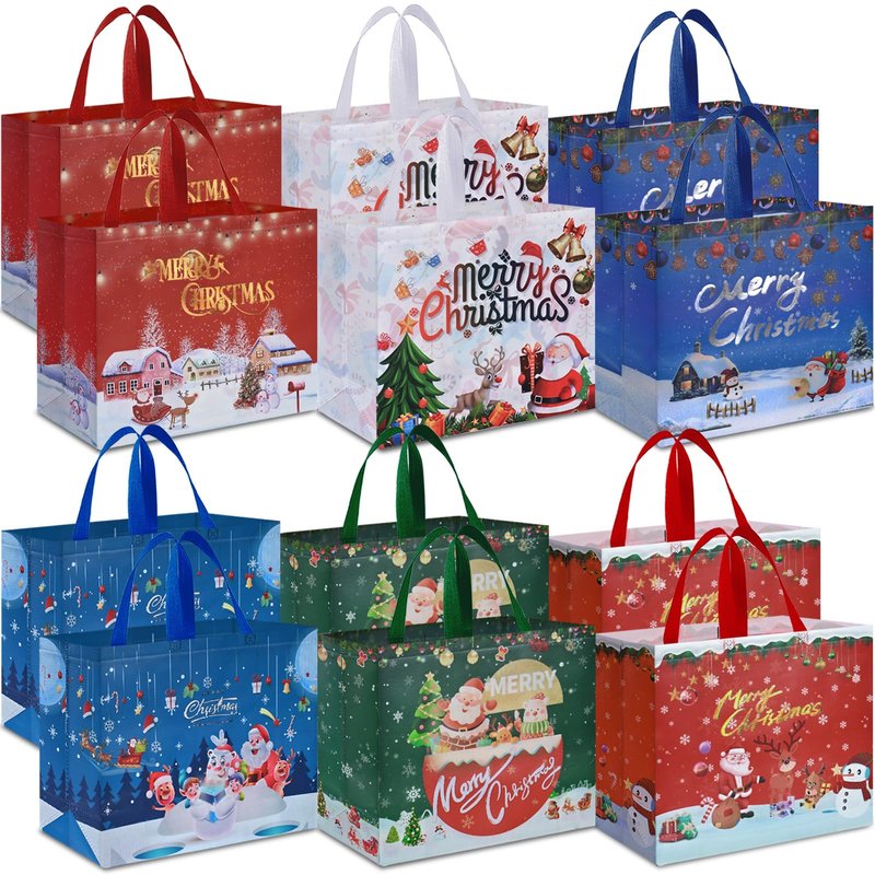 AhfuLife 12PCS Extra Large Christmas Gift Bags, 15.7'' x 14.2''x 5.9'', Christmas Tote Bags with Handles, Non-woven Reusable Shopping Bag for New Year, Xmas's Party Supplies Decorations