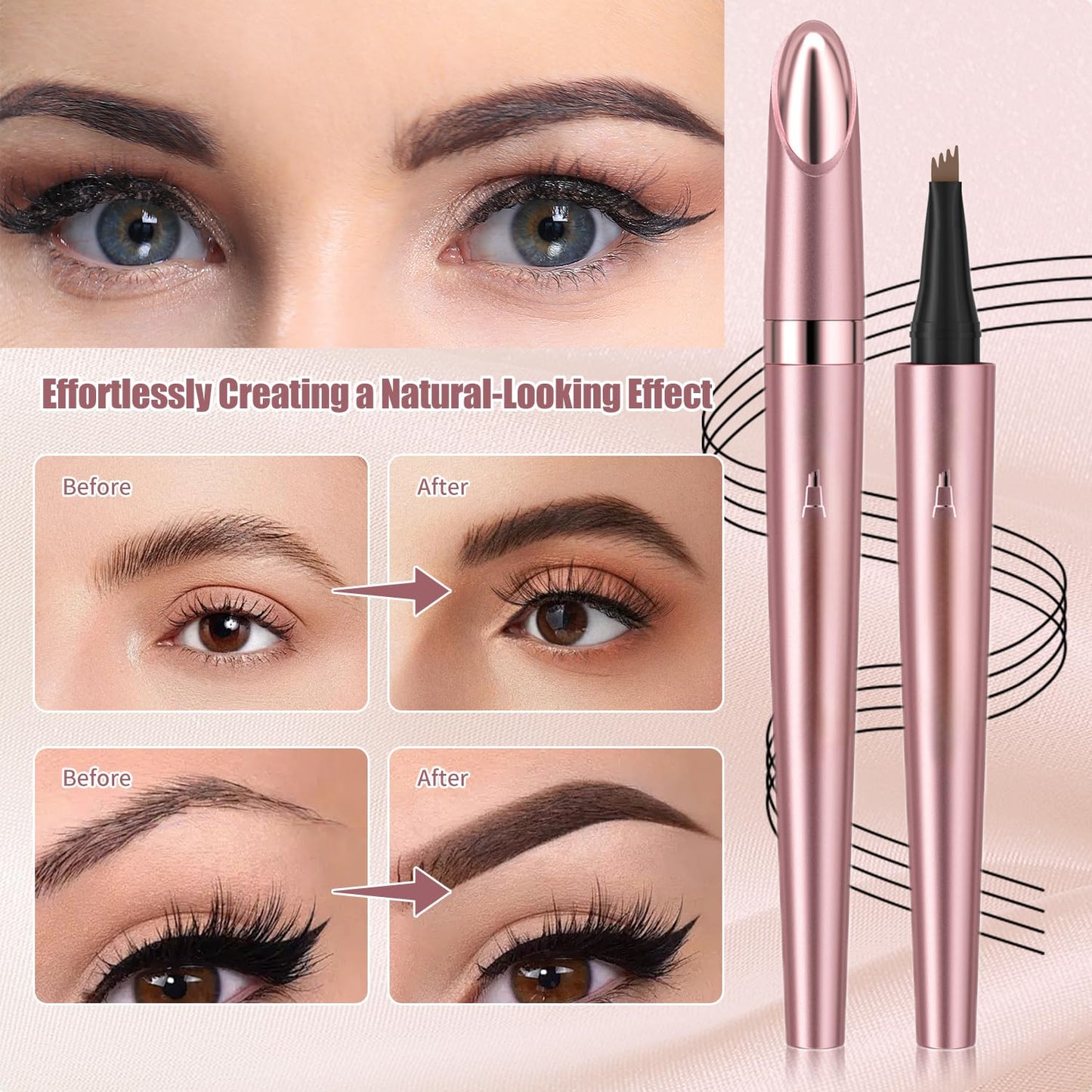 2026 New Microblading Eyebrow Pen, Upgrade 4-Tip 3D Eyebrow Pencil, Waterproof Long-Lasting Fine Stroke Contouring Pen, Natural Makeup Effect for All Day (Black)