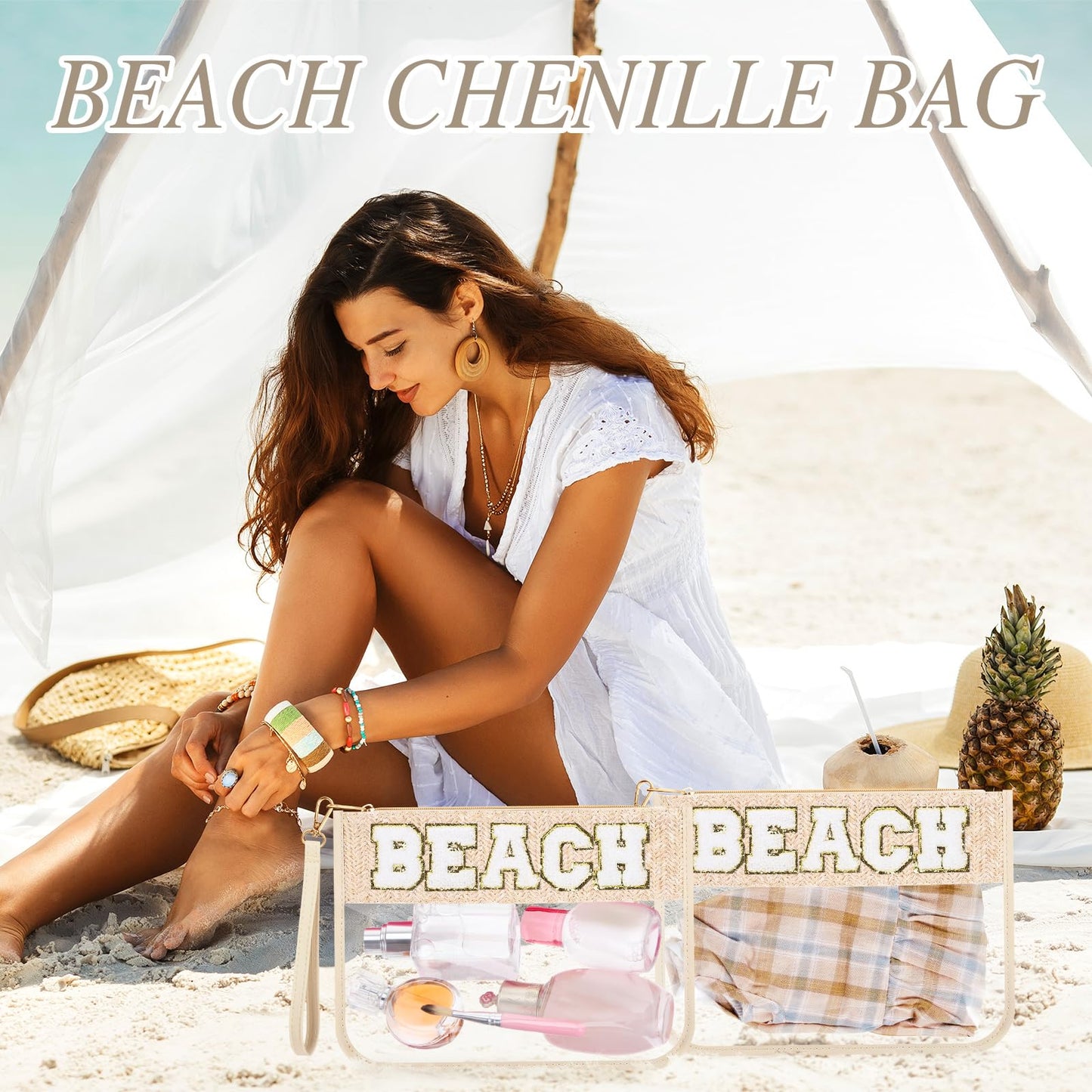 Kacctyen 6 Pcs Beach Bags Chenille Letter Straw Makeup Bag with Zipper Waterproof Cosmetic Toiletry Pouch with Handle Gym Travel Summer Gifts for Women Girls (Natural Straw, BEACH)