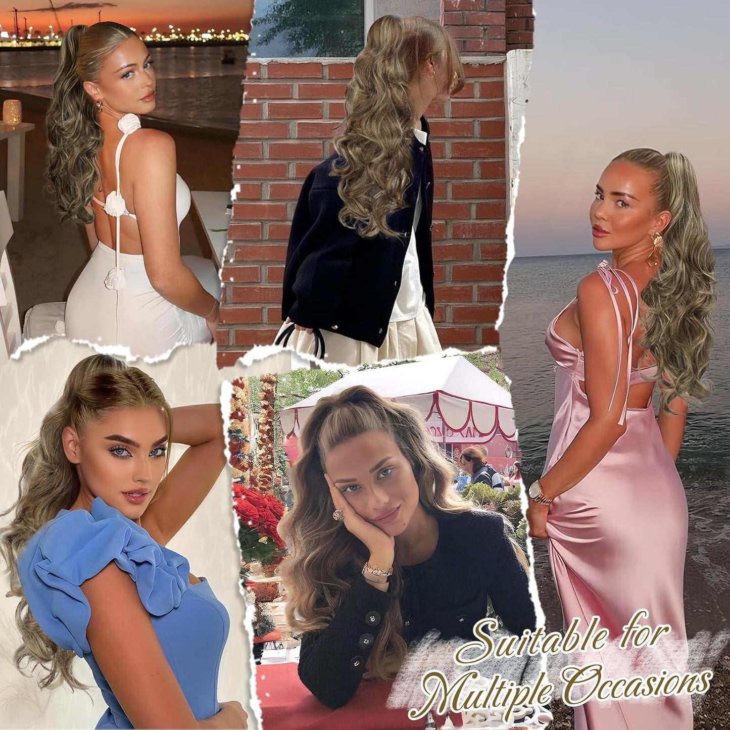 Highlight Ponytail Extension - 20 Inch Curly Wavy Drawstring Hairpiece | Ash Brown & Blonde