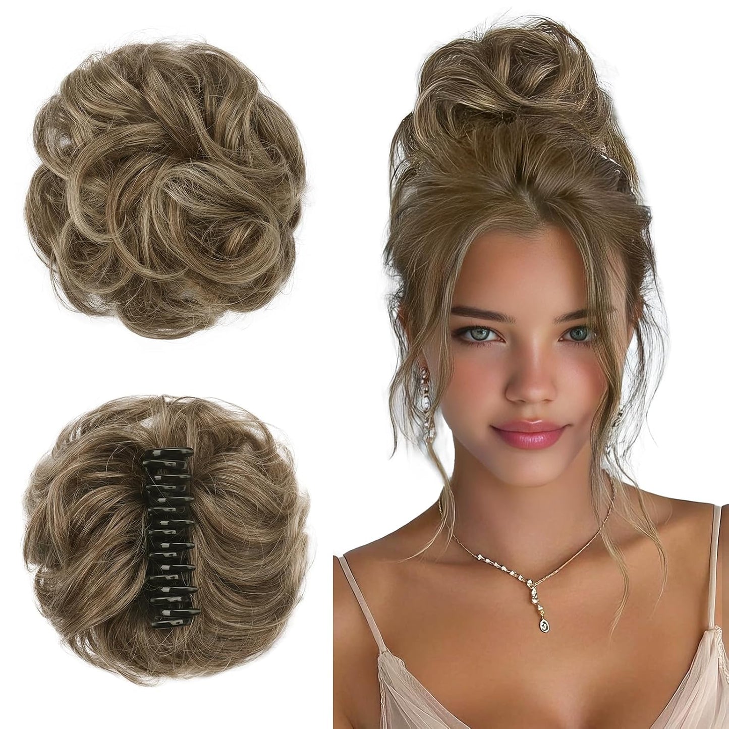 Human Hair Bun Clip | 100% Real Wavy Curly Chignon Hair Piece - Light Brown & Blonde Mix