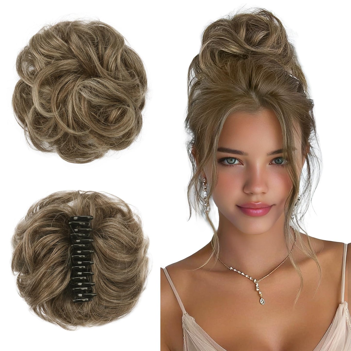 SOFEIYAN Human Hair Bun 100% Real Human Hair Claw Clip Messy Bun Hair Piece Natural Wavy Curly Chignon Hair Bun Extensions Tousled Updo Fake Bun Hair Piece for Women - Light Brown Mixed Light Blonde