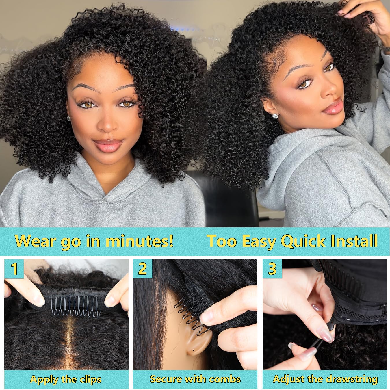Kinky Curly Half Wig - 200 Density Human Hair | 18-Inch Seamless Drawstring Wig for Women