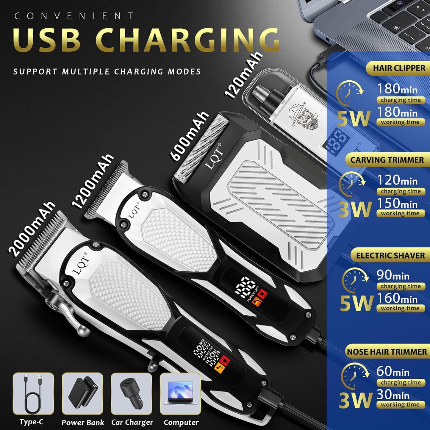 Hair Clippers for Men - 4-in-1 Cordless LED Display Set | Professional Beard Trimmer, Foil Shaver & Nose/Ear Hair Trimmer