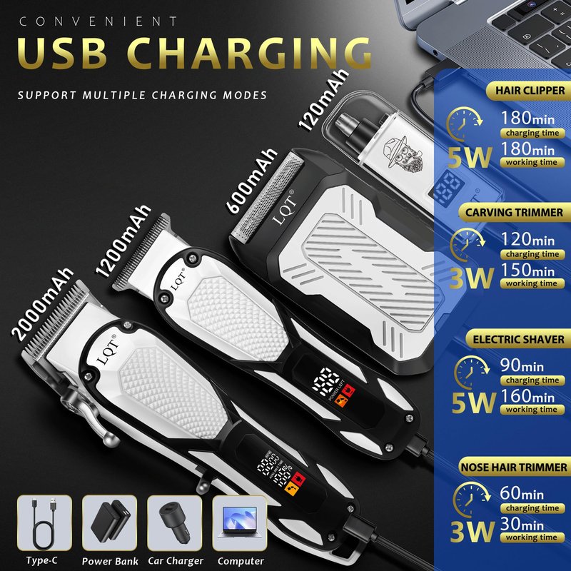 LQT Hair Clippers for Men 4 in 1 White LED Display Cordless Clippers Set Professional Electric Beard Trimmer for Men Foil Shaver Nose and Ear Hair Trimmer with Storage Bag to Son Husband Father Gifts