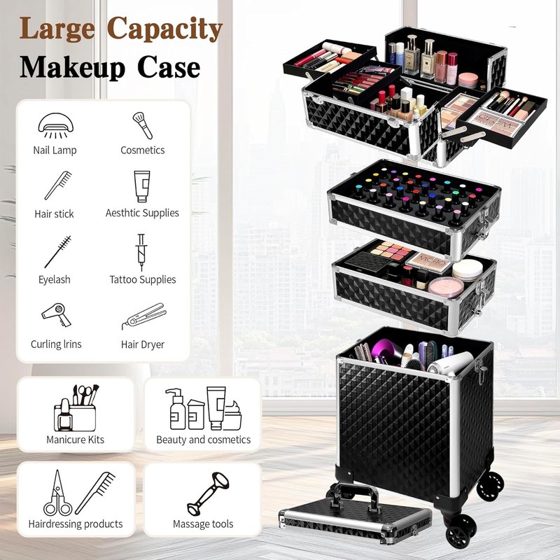 Rolling Makeup Train Case - 5 in 1 Professional Cosmetic Organizer on Wheels | Large Black Storage for Hairstylists & Artists