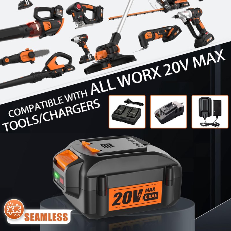 【NEW LED Indicator】6.0Ah 20V Replacement Battery for Worx 20V Battery Compatible with Worx 20 Volt Lithium WA3520 WA3525 WG151s WG155s WG251s WG255s WG540s WG545s Cordless Power Tools Battery