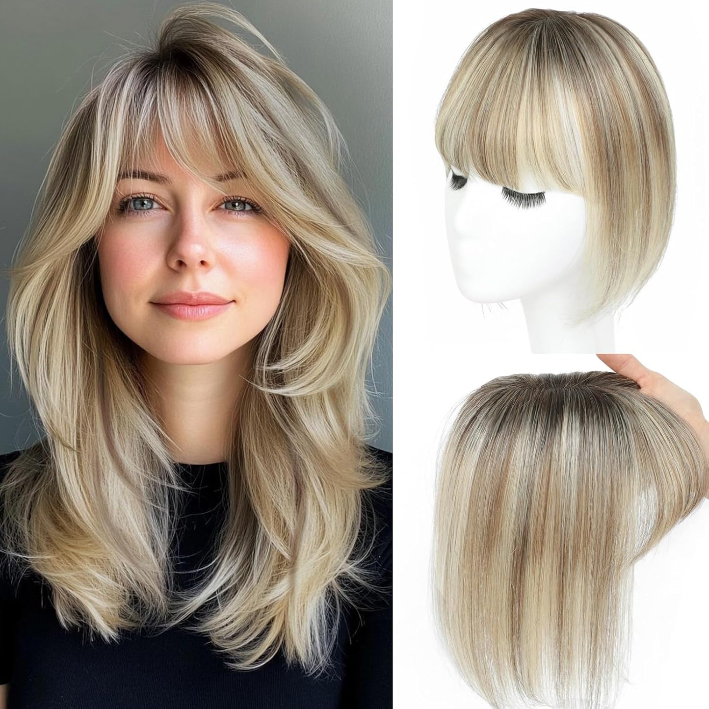 Human Hair Toppers for Women - Real Hair Pieces with Bangs | 360° Coverage, 10-Inch, 30g