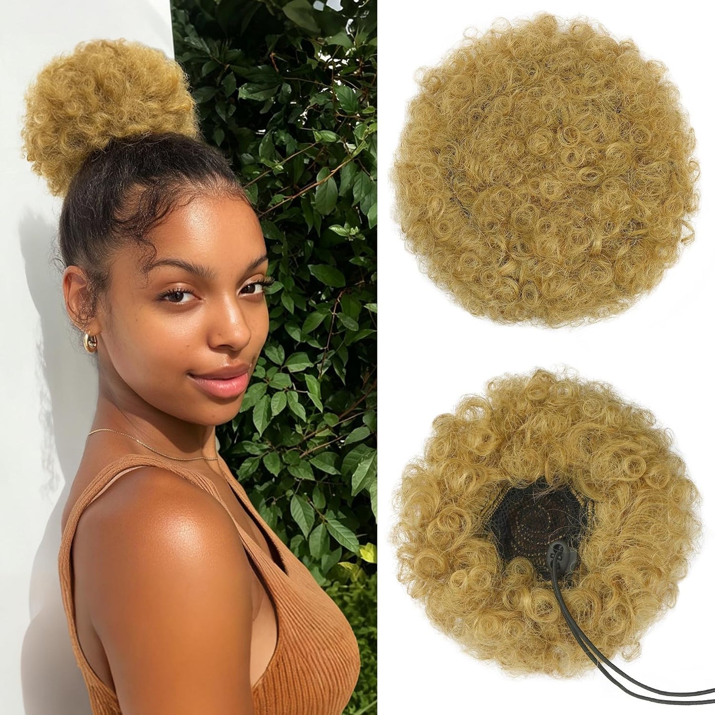 Human Hair Afro Puff Drawstring Ponytail - Kinky Curly Short Extensions for Black Women | Medium Size - 1B Natural Black