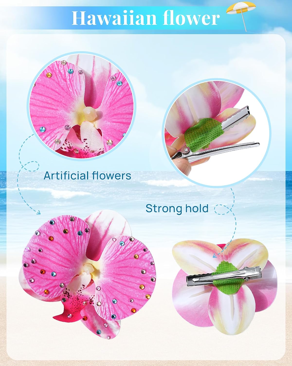 Hawaiian Flower Hair Clips - 3 Pack Tropical Orchid Hairpins | Rhinestone Bridal Accessories (Pink Moth Orchid)