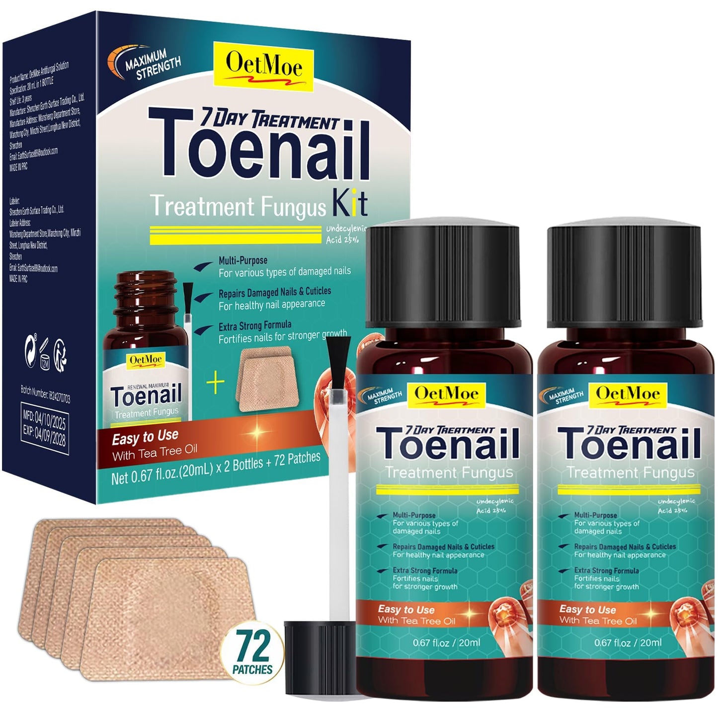 Toenail Treatment Extra Strength Kit, 7-Days Nail Treatment with 25% Undecylenic Acid & 72 Nail Patches, Repairs Yellow, Thick, Discolored & Broken Nails