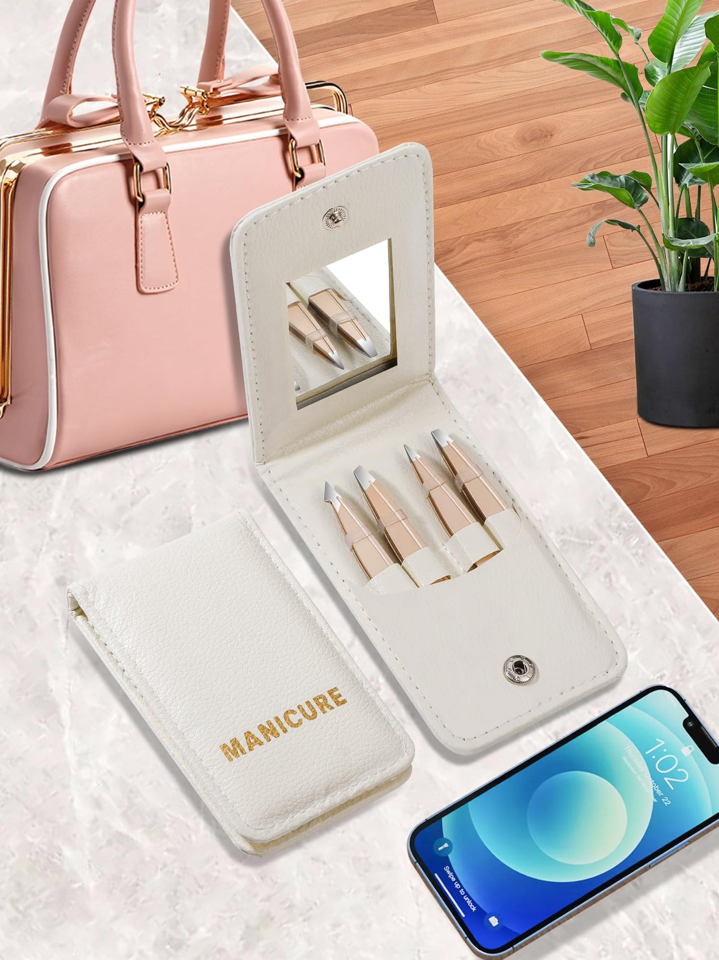 Tweezers Set for Women Facial Hair: Stocking Stuffers 4Pcs Stainless Steel Eyebrow Tweezer Set with Travel Mirror Case, Suitable for Everyday Use in Car, Purse