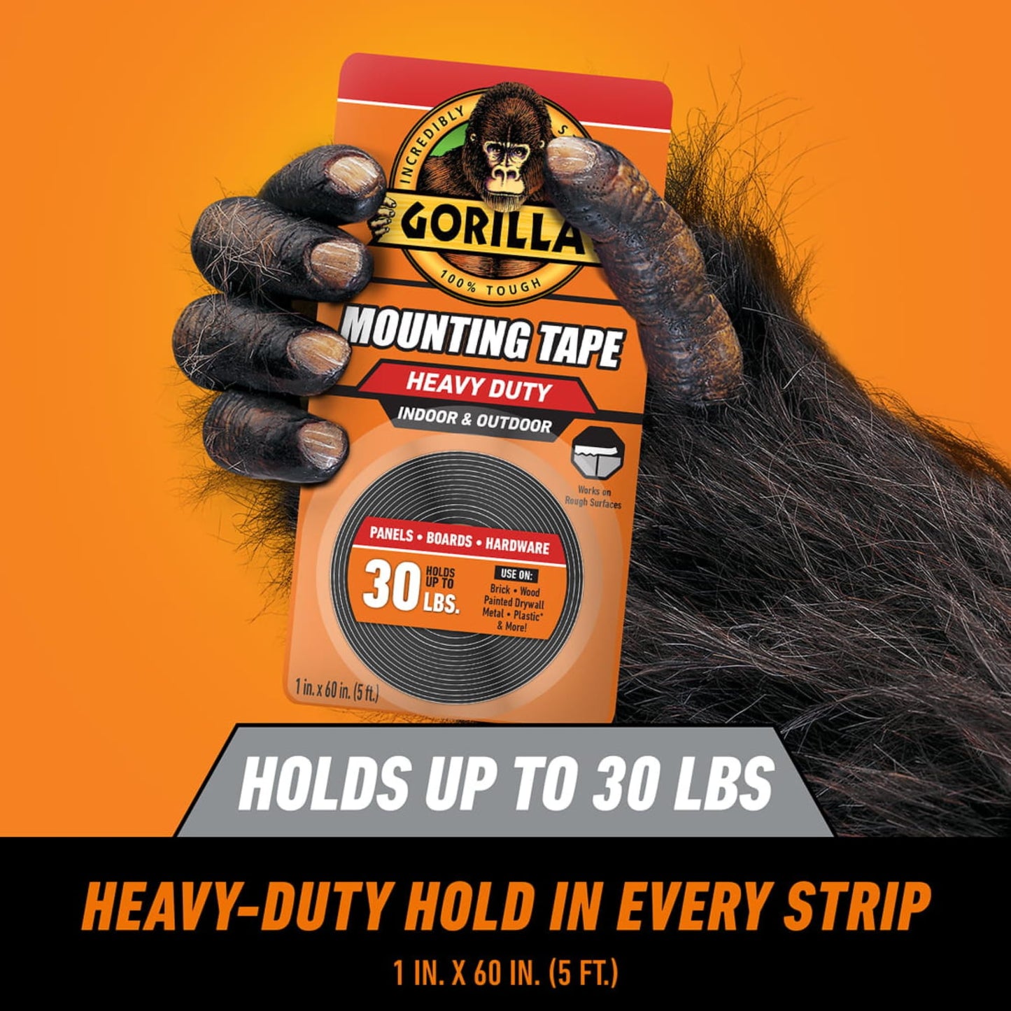 Gorilla Heavy Duty Double Sided Mounting Tape, 1" x 120" (Pack of 1) Holds up to 30lbs, Industrial Strength Adhesive for Homework Stations, Classroom Setup & Student Projects, Indoor & Outdoor