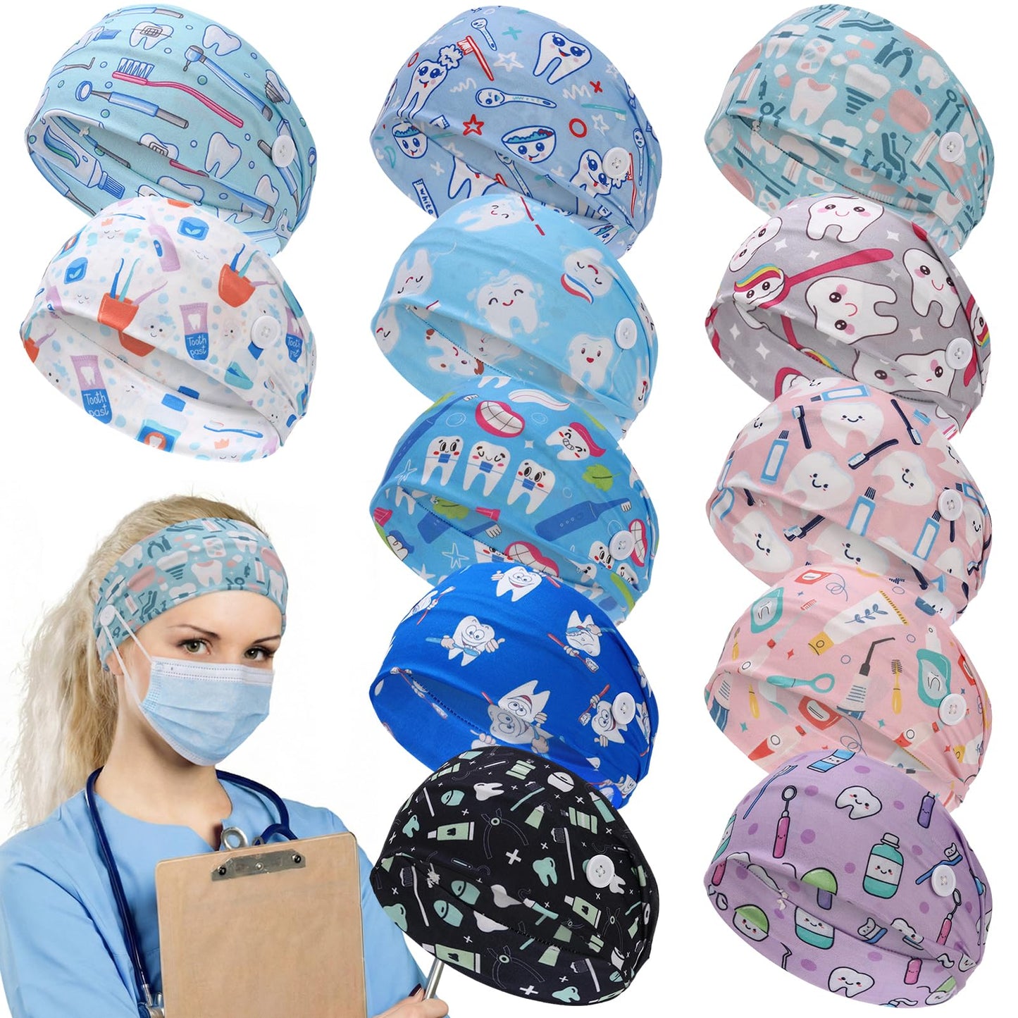 JATEBI 12 Pcs Nurse Headbands for Women, Non Slip Nursing Headbands with Buttons Ear Protection Hair Band Sweatband Head Wrap