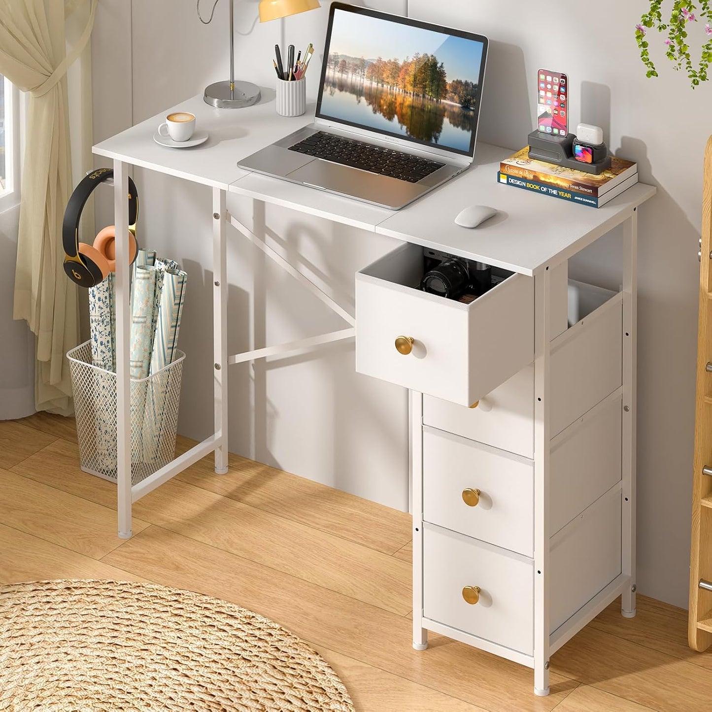 Small White Desk - 35.4 Inch Writing Desk with Drawers | Reversible Study Table for Kids & Teens