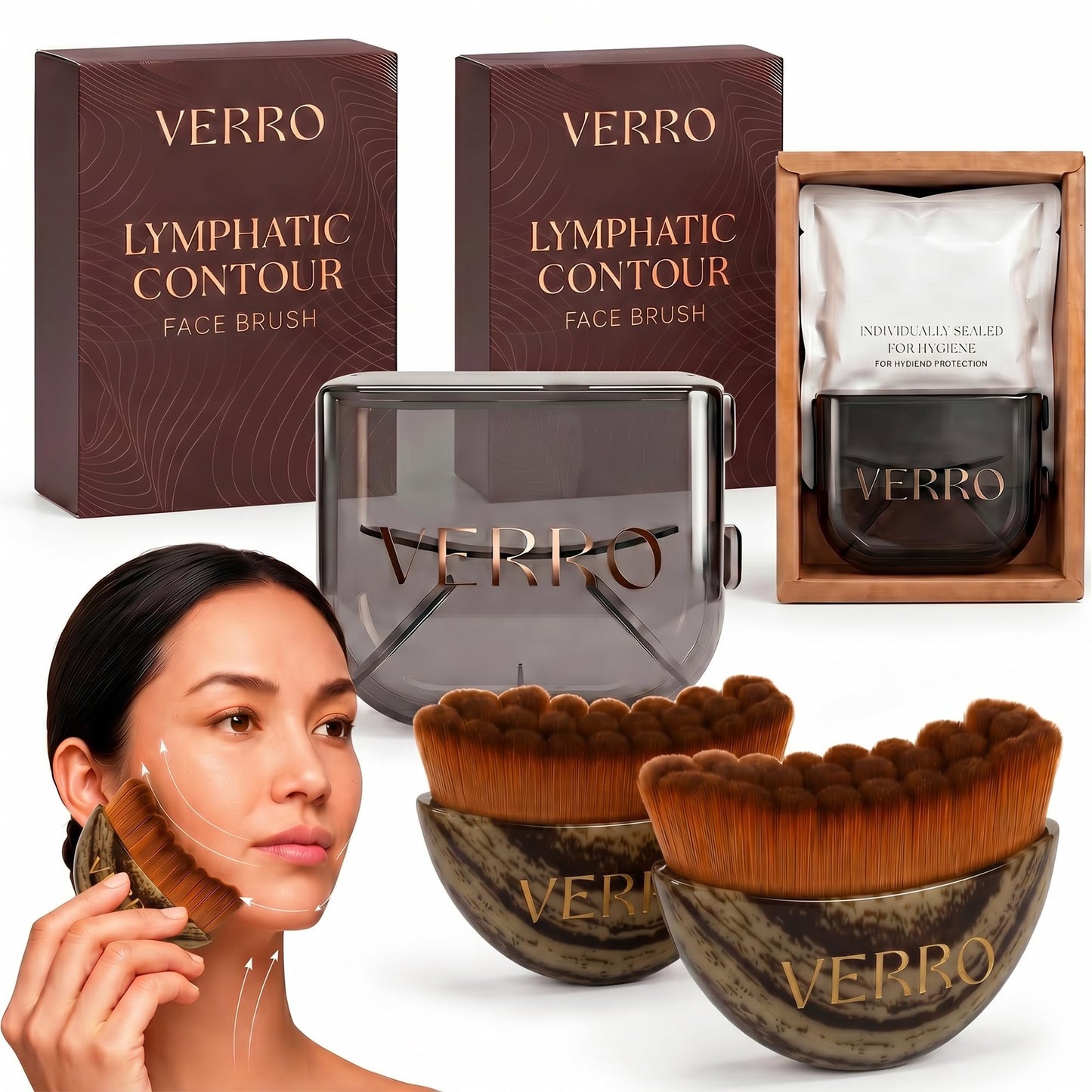 VERRO Lymphatic Face Brush Set (2 Pack) – Facial Dry Brush for Face Sculpting, Lymphatic Drainage & Puffiness Reduction, Ultra Soft Bristles, Individually Sealed + Travel Cases (Marble)