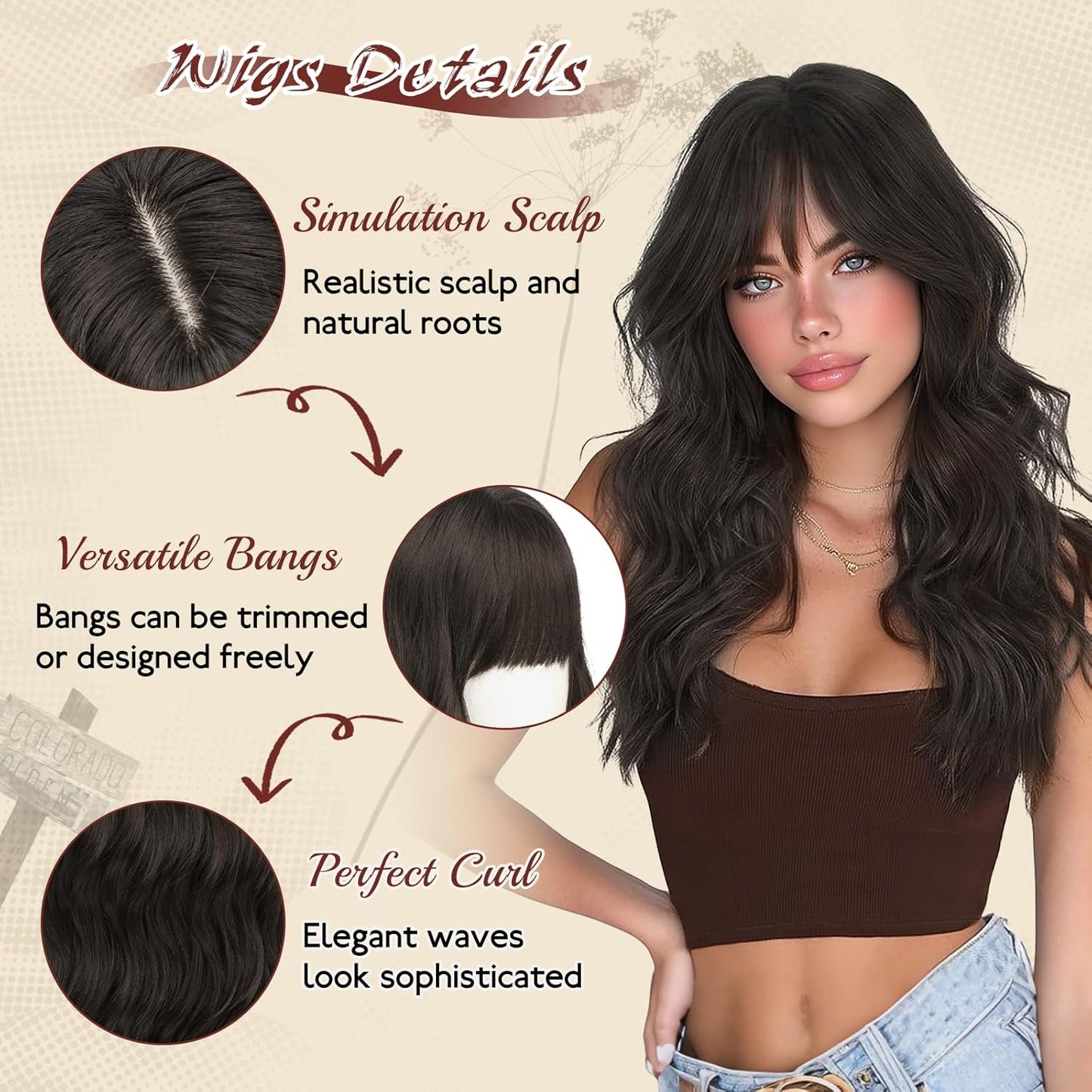 Brown Wigs with Bangs - 20 Inch Soft Wavy Synthetic Heat-Resistant Hair Wig for Women | Natural Look, Perfect for Daily Wear
