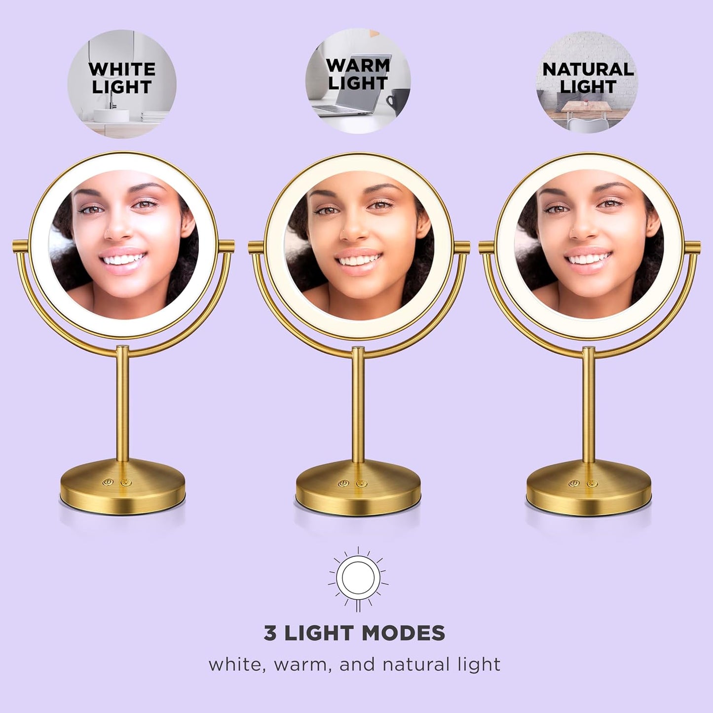 Conair Lighted Makeup Mirror - Double-Sided LED Vanity Mirror with 1X/10X Magnification & 3 Light Settings | Brushed Brass Finish