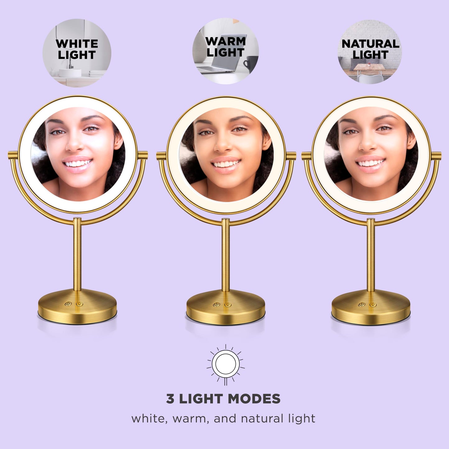 Conair Lighted Makeup Mirror, Double-Sided LED Vanity Mirror with 1X/10X Magnification, 3 Light Settings, 3 Modes, 360° Rotation, Brushed Brass Finish