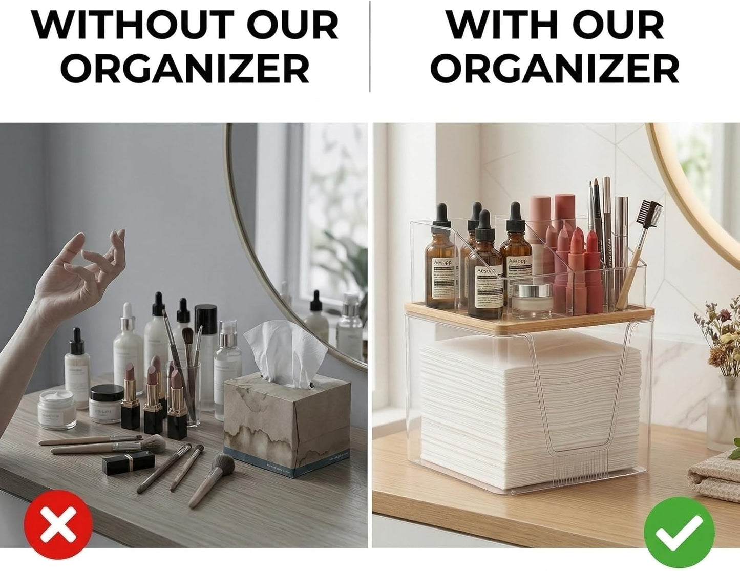 Disposable Facial Towels Holder - Bamboo Lid & Clear Acrylic Organizer | Stackable Vanity Storage for Clean Skin Club Towel XL