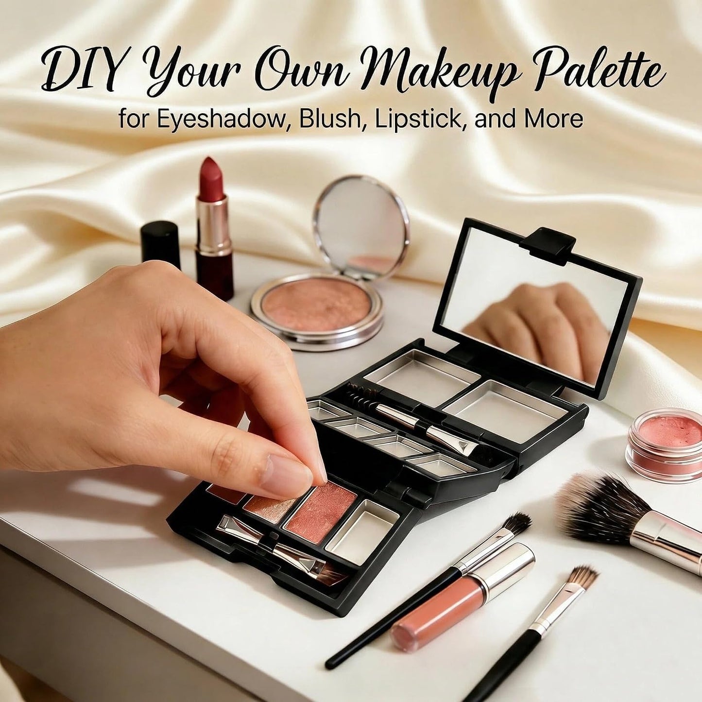 Foldable Magnetic Makeup Palette - DIY Eyeshadow Storage Case with Mirror, 3-Layer Organizer | Includes 10 Pans & Brush, Black