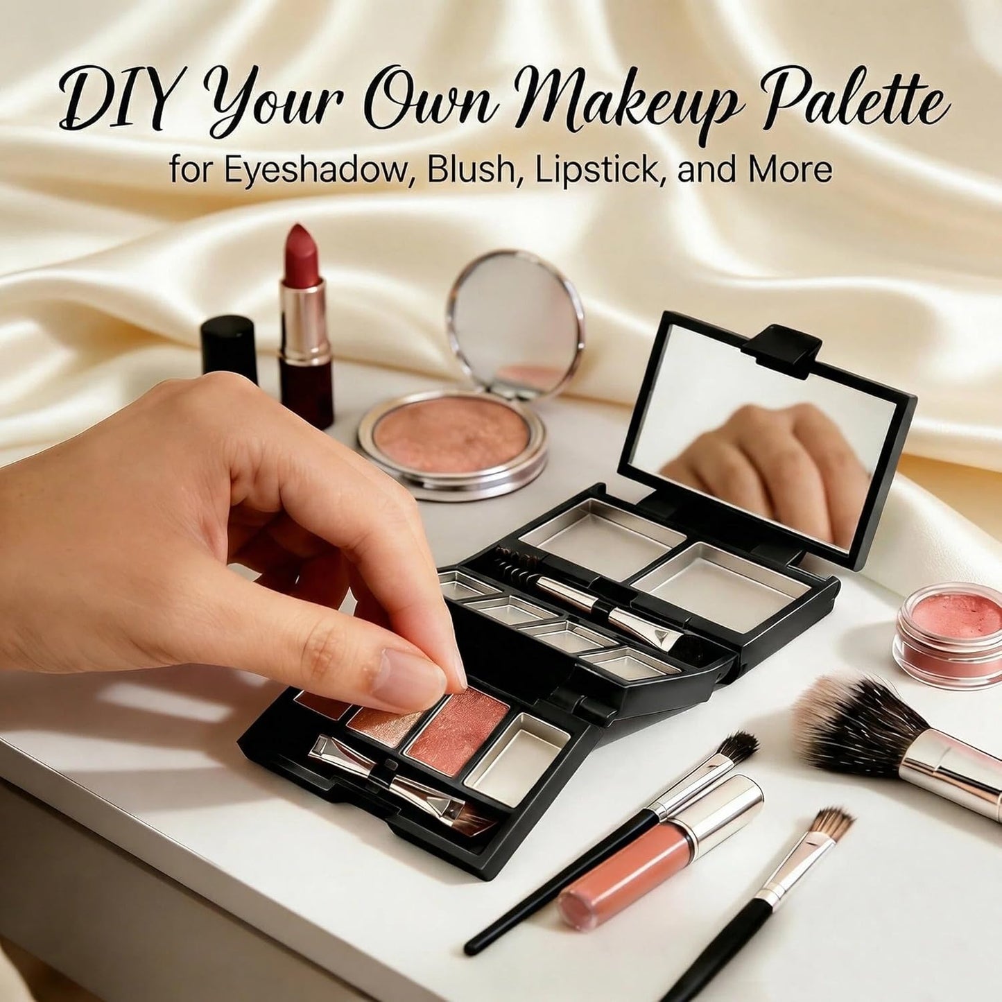 Foldable Magnetic Makeup Palette - DIY Eyeshadow Organizer with Mirror & 10 Pans | Black, 3-Layer Compact Design