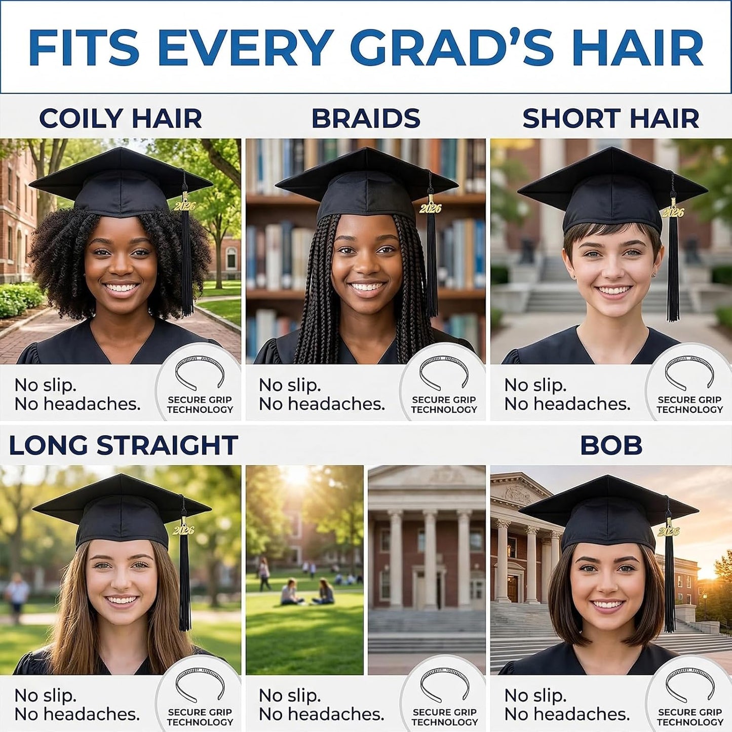 Graduation Cap Headband for Women - Anti-Fall Hairband for Secure Graduation Hats | Black