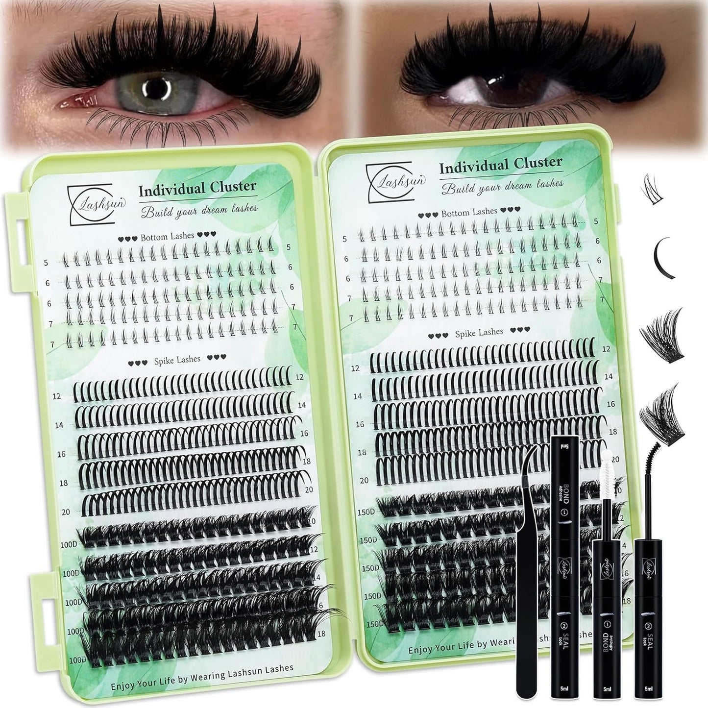 Lash Clusters Kit - Wispy DIY Eyelash Extensions with Bond & Seal | 10-16mm Sizes for Travel or Home Use