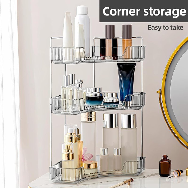 Corner Bathroom Counter Organizer - 3-Tier Makeup & Skincare Tray | Smoky Gray