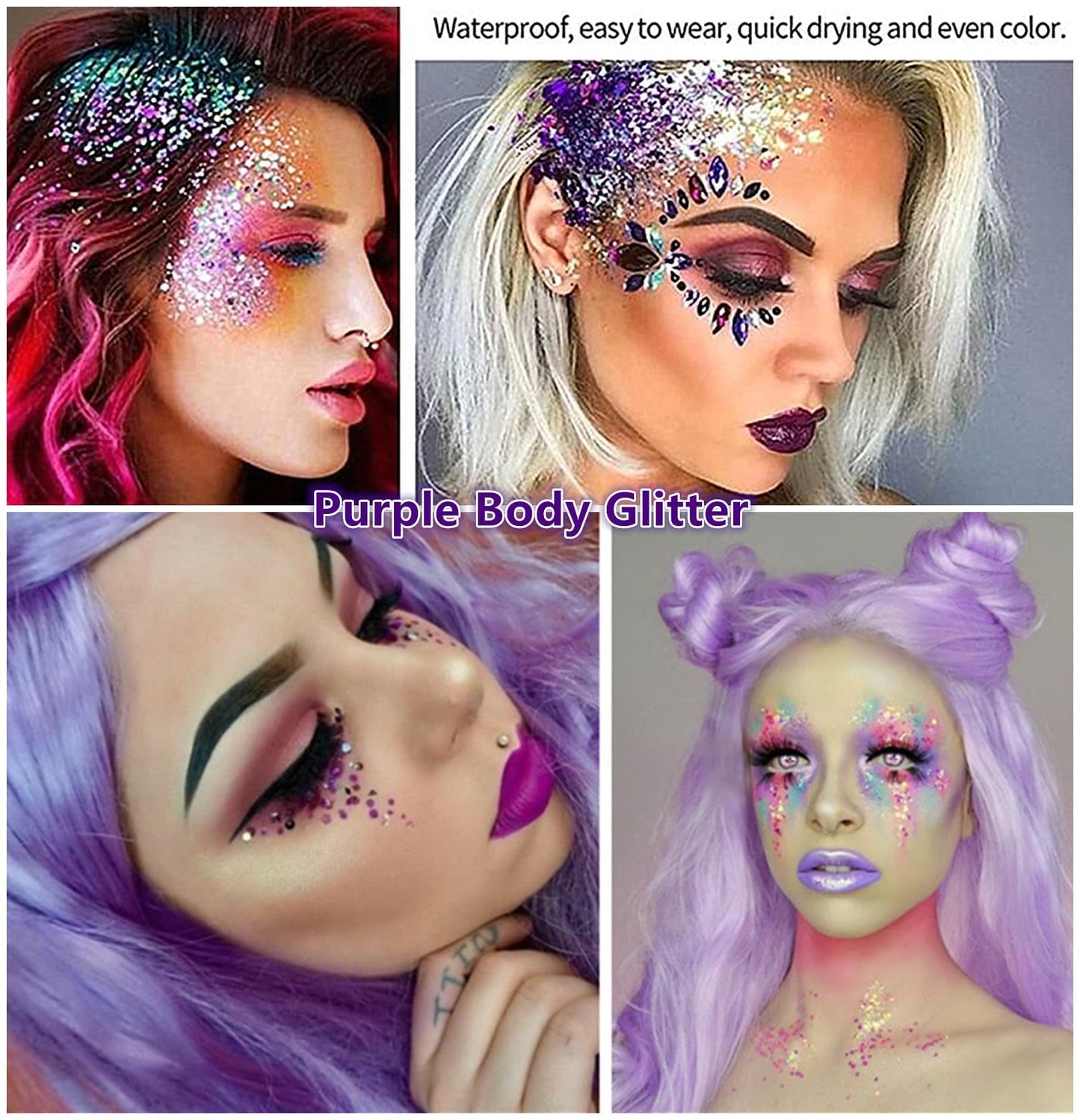 Go Ho Mermaid Purple Face Body Glitter Gel,Holographic Purple Hair Glitter for Kids&Women,Chunky Sequins Glitters for Eye Lip Nails,Festival Rave Hair Accessories