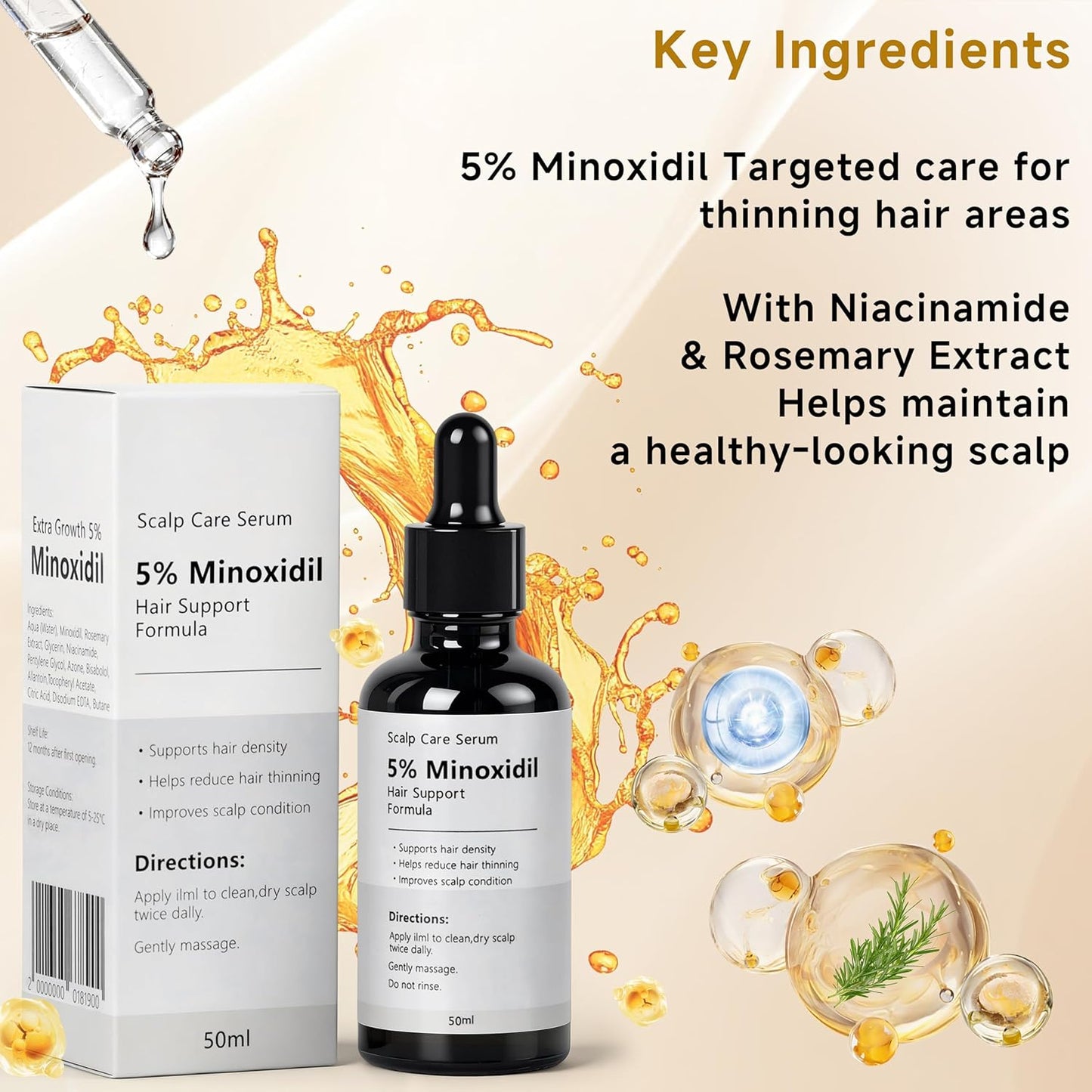 Minoxidil Growth Serum for Hair Loss - Supports Regrowth & Beard Growth | Lightweight Scalp Serum with Rosemary Extract, 1.7 fl oz - White