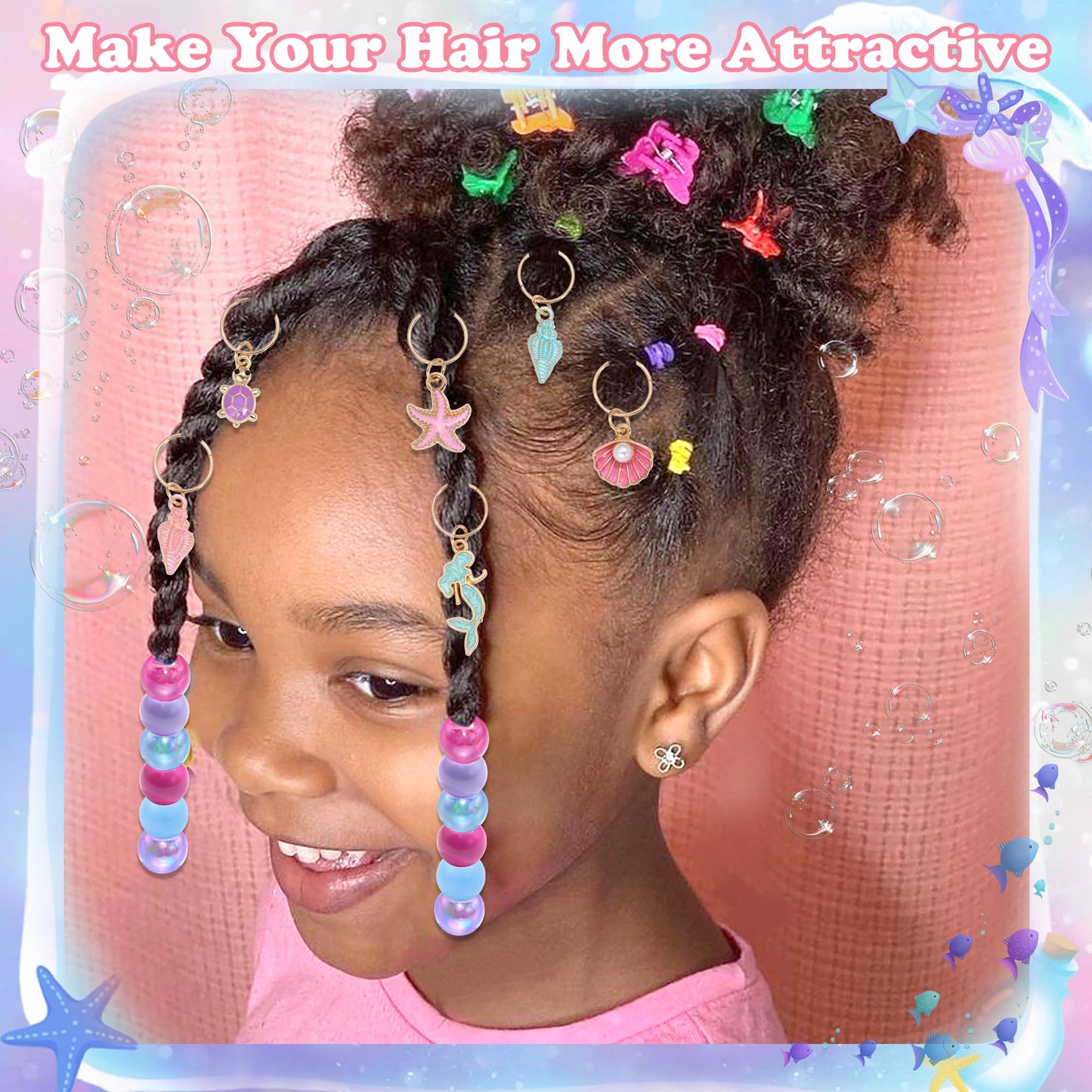 NAISKA 70PCS Pink Blue Beads for Braids Starfish Seashell Hair Charms Colorful Loc Beads Sets Mermaid Hair Jewelry Cute Multi-styles Hair Accessories for Kids Girls