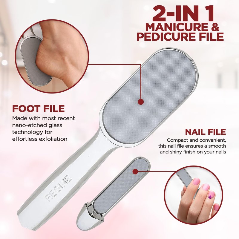 World's Best 2-in-1 Pedicure File - Nano Laser Etched Glass Foot File & Callus Remover - Scraper for Cracked Heels, Exfoliator for Dry Skin - Pedicure Tools for Feet, Callous Peeler Scrubber - Chrome