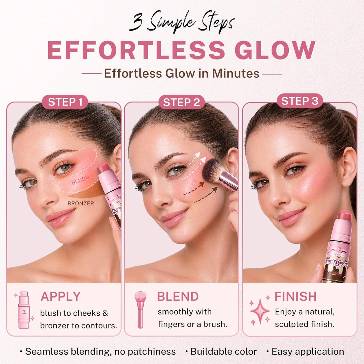 UCANBE Blush & Bronzer Stick - 2-in-1 Cream Makeup for Natural Glow | Travel-Friendly, 04 Blooming Rose
