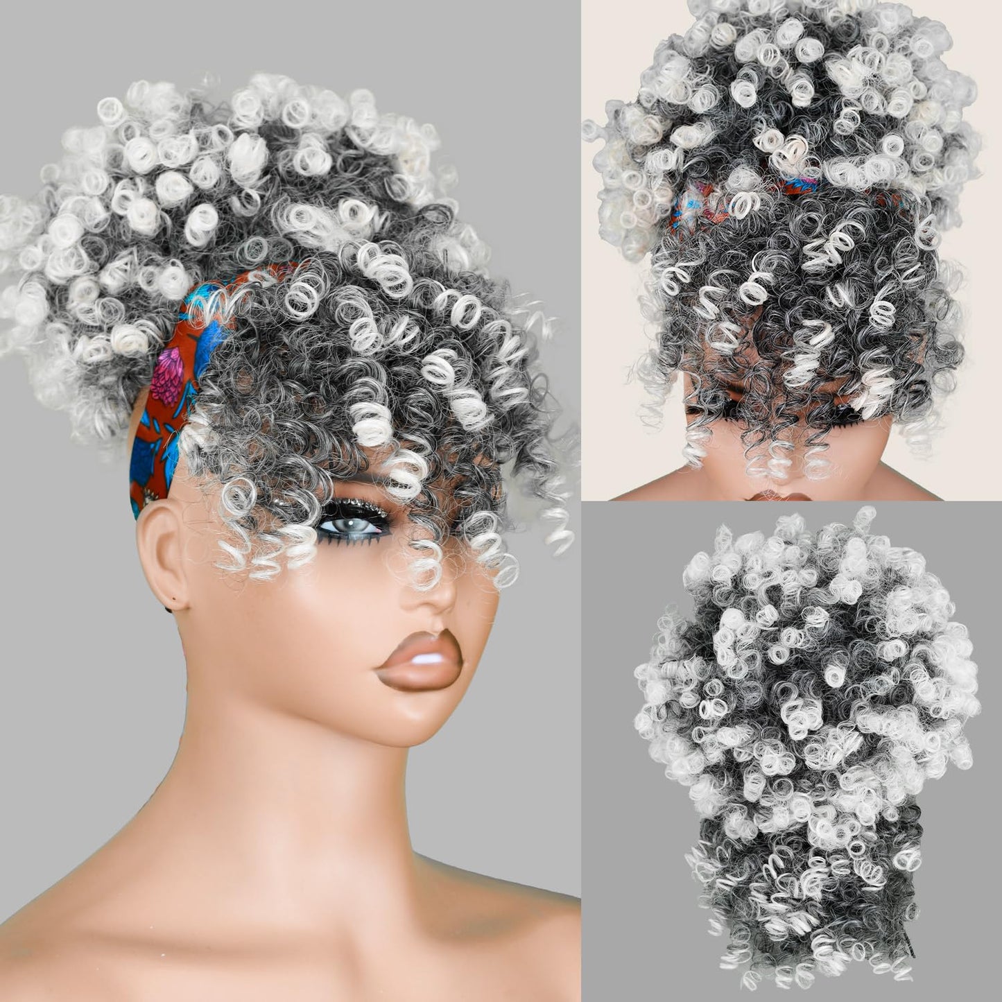 Drawstring Ponytail for Black Women - Afro Puff Kinky Curly Hair Extension with Bangs | Grey Updo