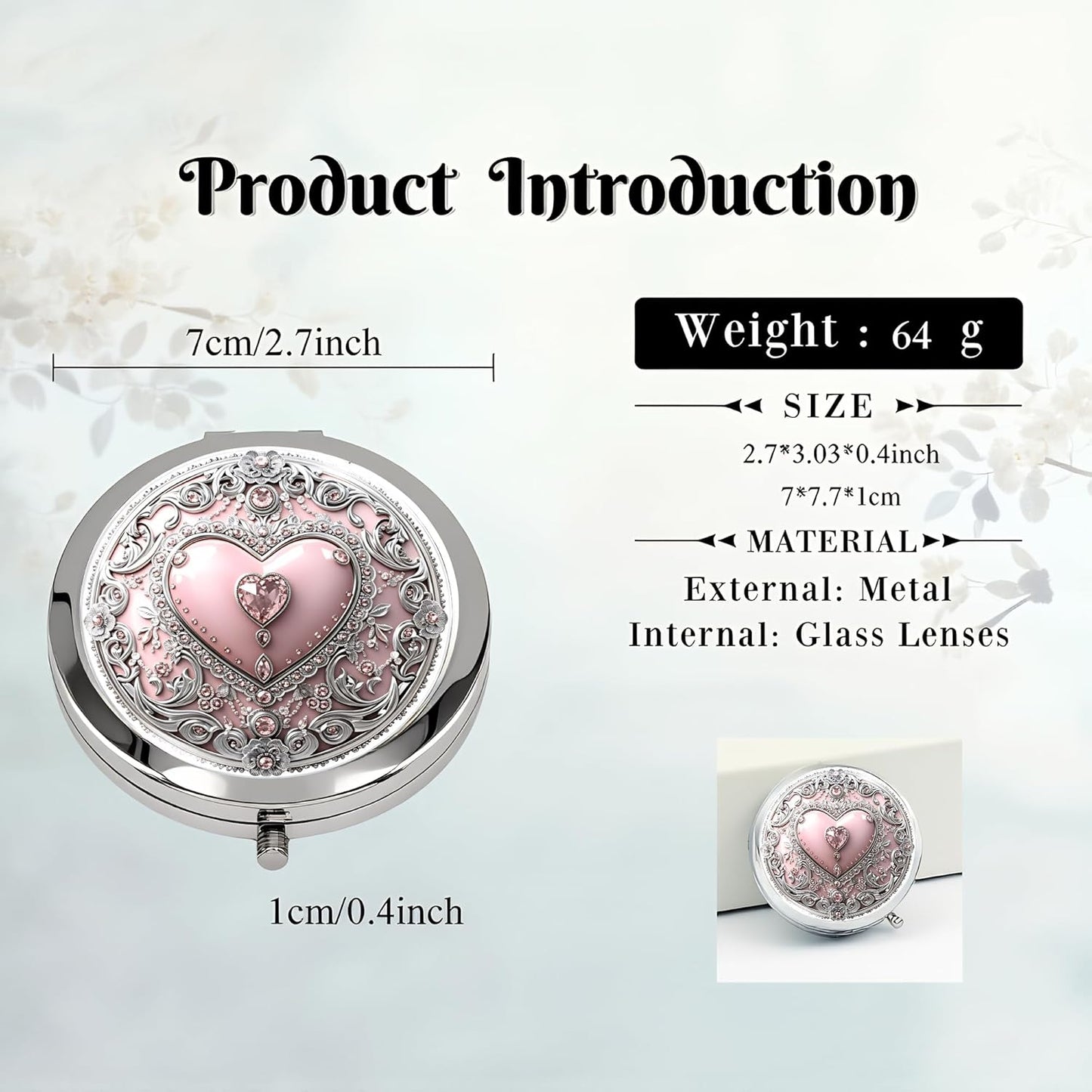 Silver Compact Mirror - Double-Sided Folding Makeup Mirror with Pink Heart Design | 2.8x2.8 Inch Ideal Gift for Women